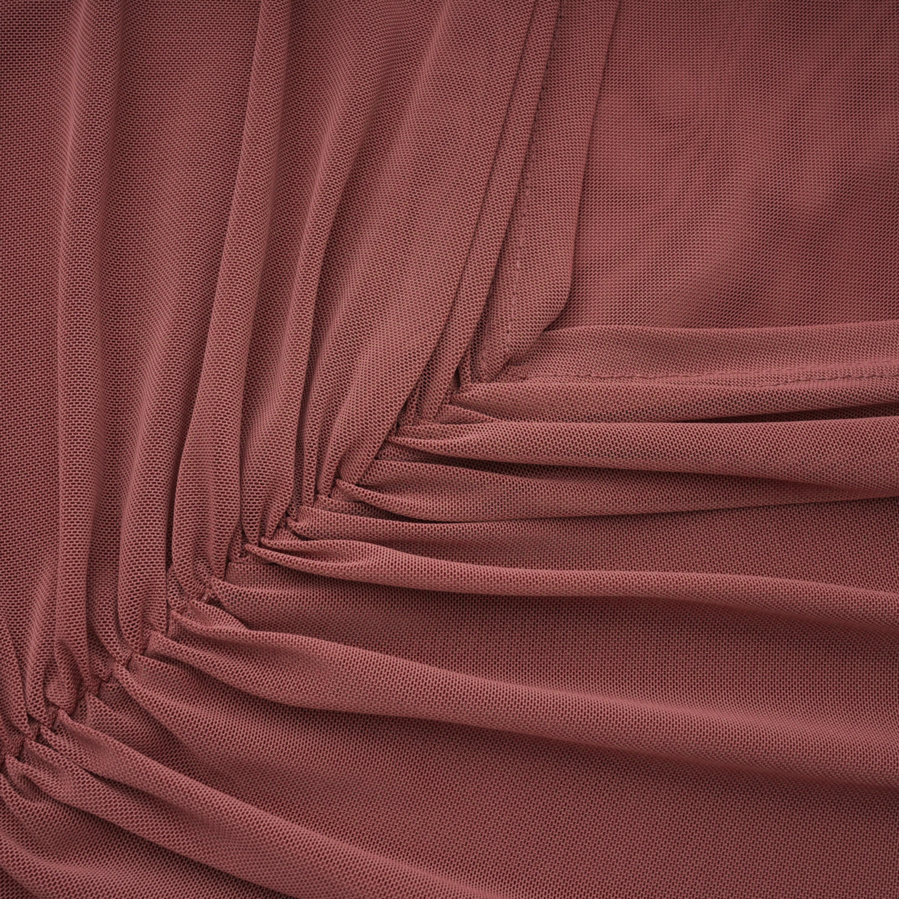 Dusty rose draped one-shoulder gown with center ruching