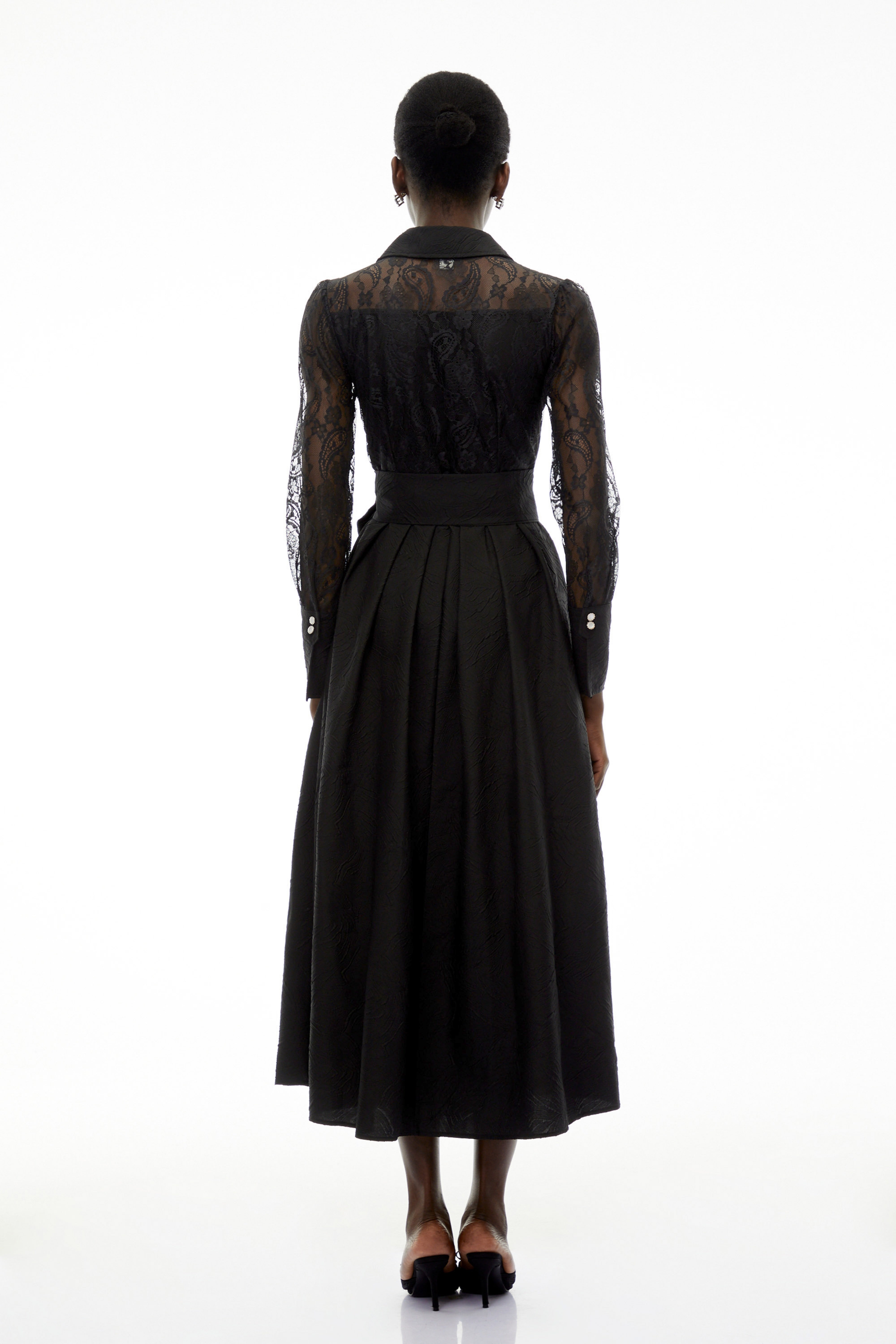 Lilliana Black Lace Midi Dress with Lapel Collar