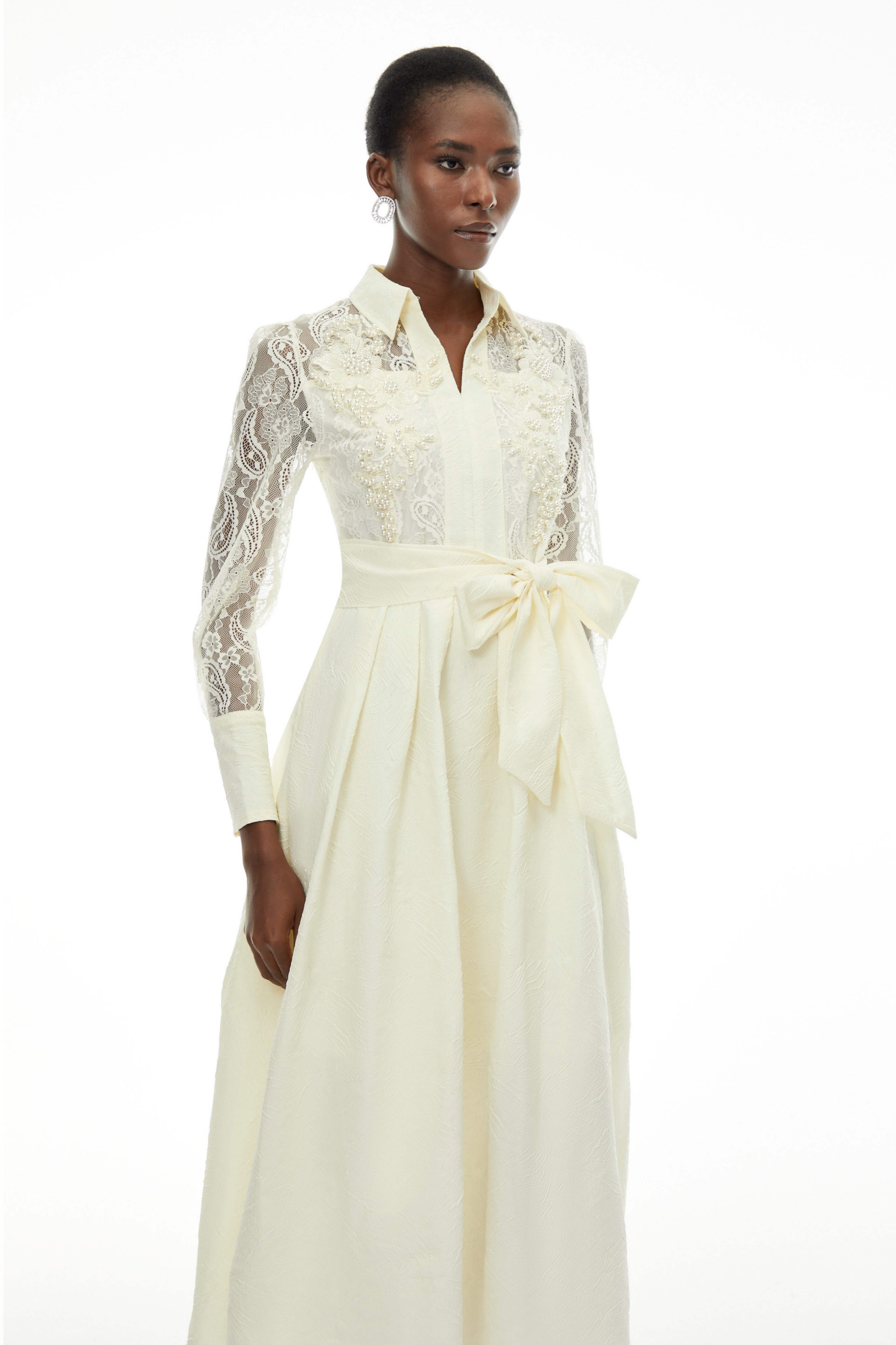 Lilliana Cream Lace Maxi Dress with Lapel Collar