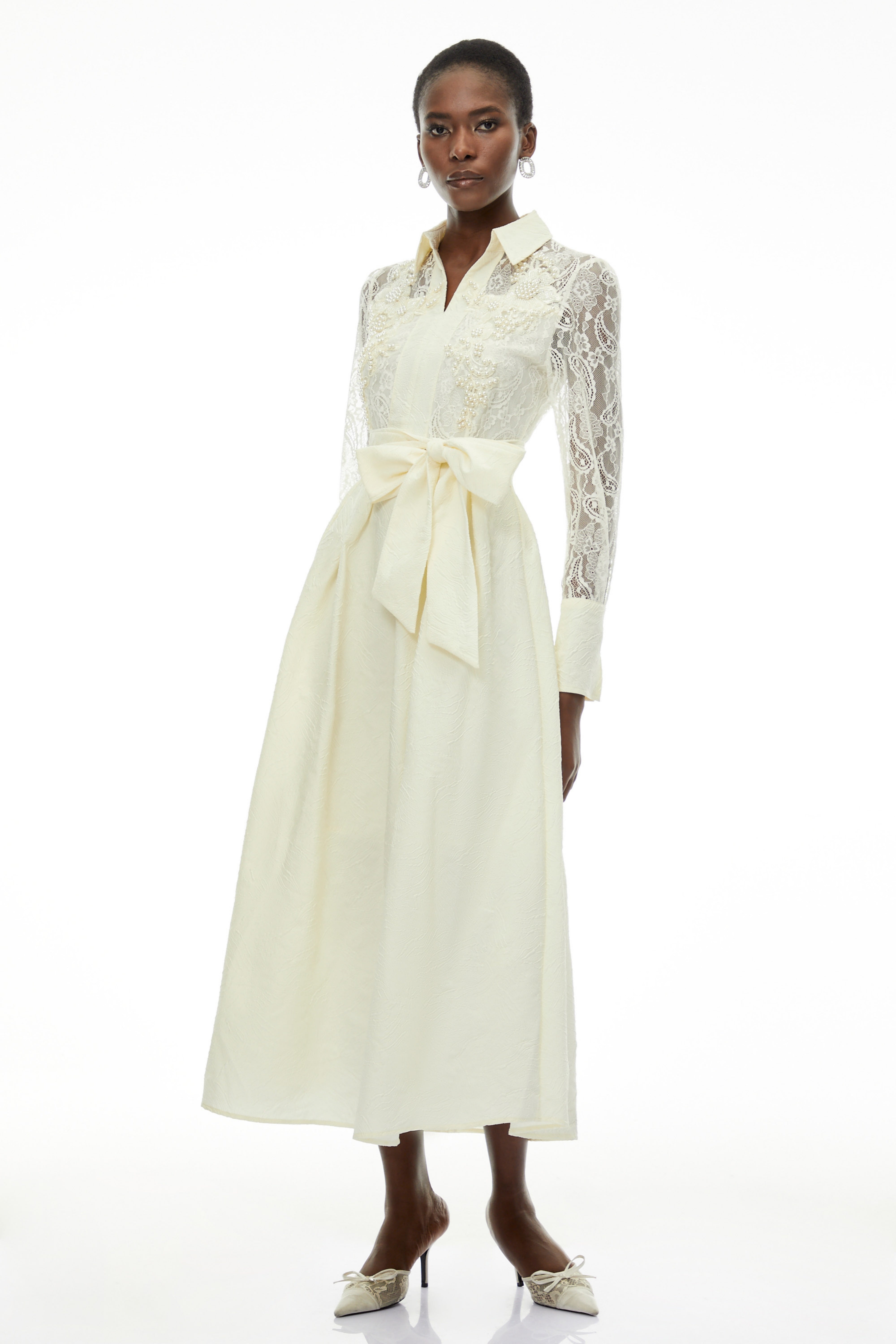 Lilliana Cream Lace Maxi Dress with Lapel Collar