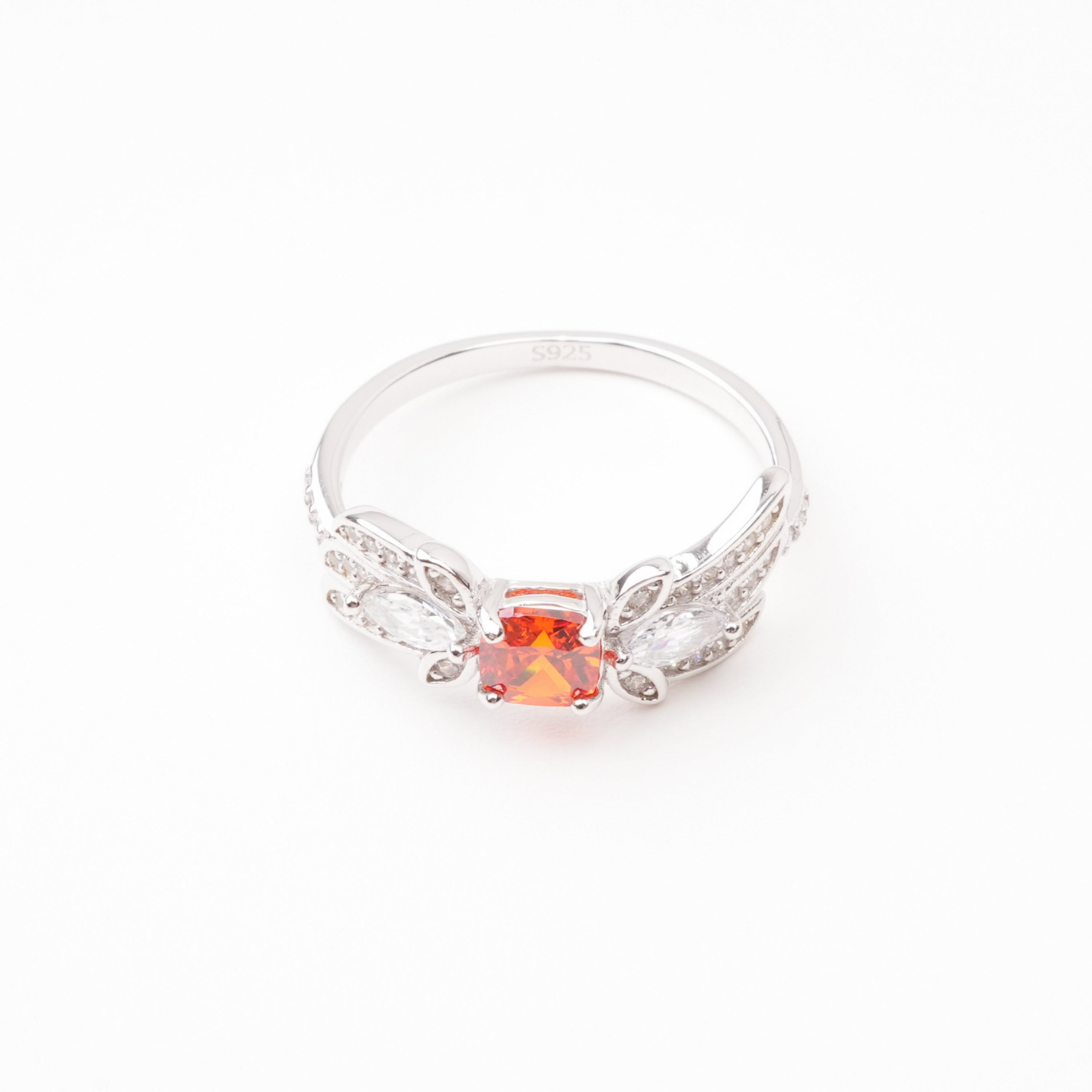 Lilou Orange Cushion Cut Gemstone Leaf Marquise Sterling Silver Ring