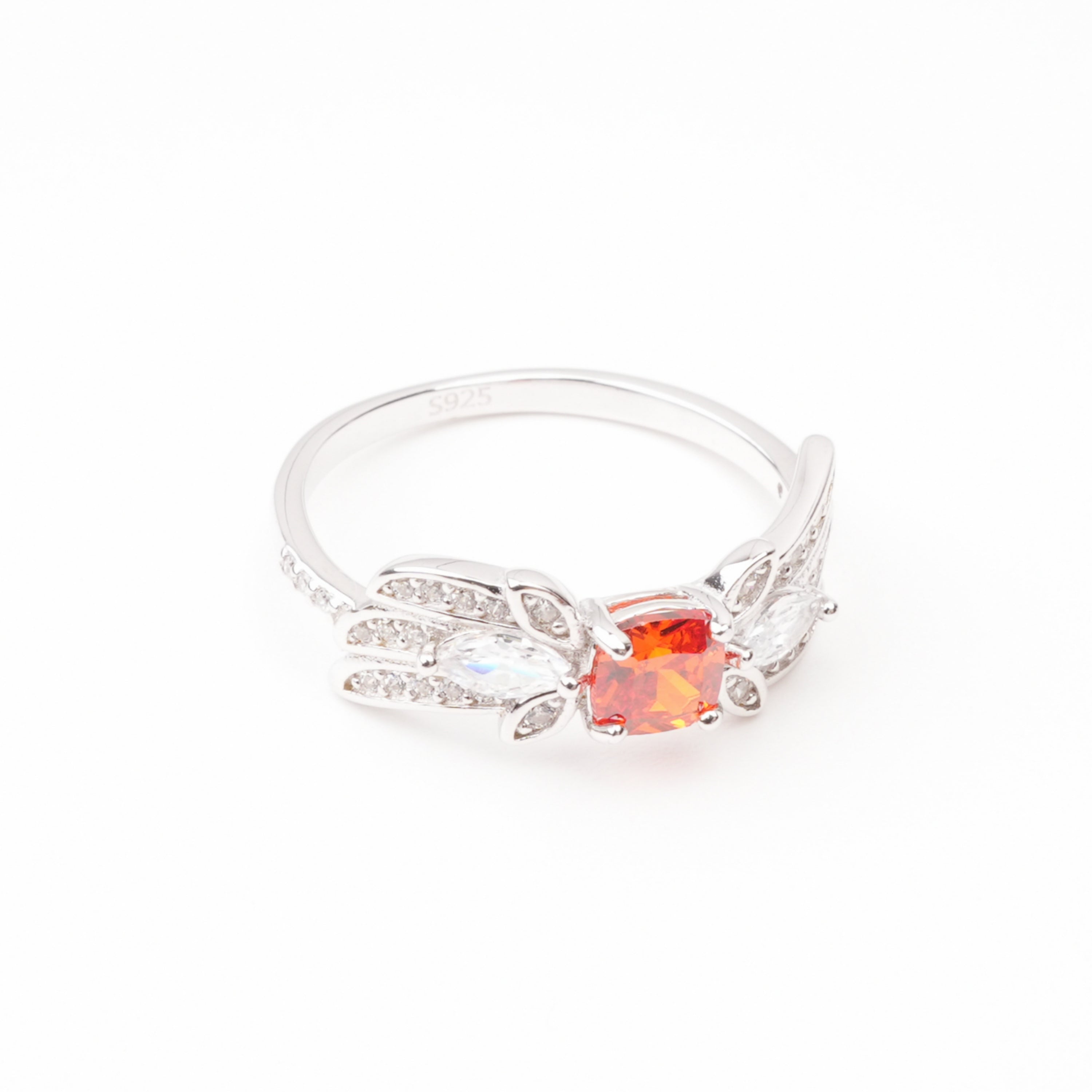 Lilou Orange Cushion Cut Gemstone Leaf Marquise Sterling Silver Ring