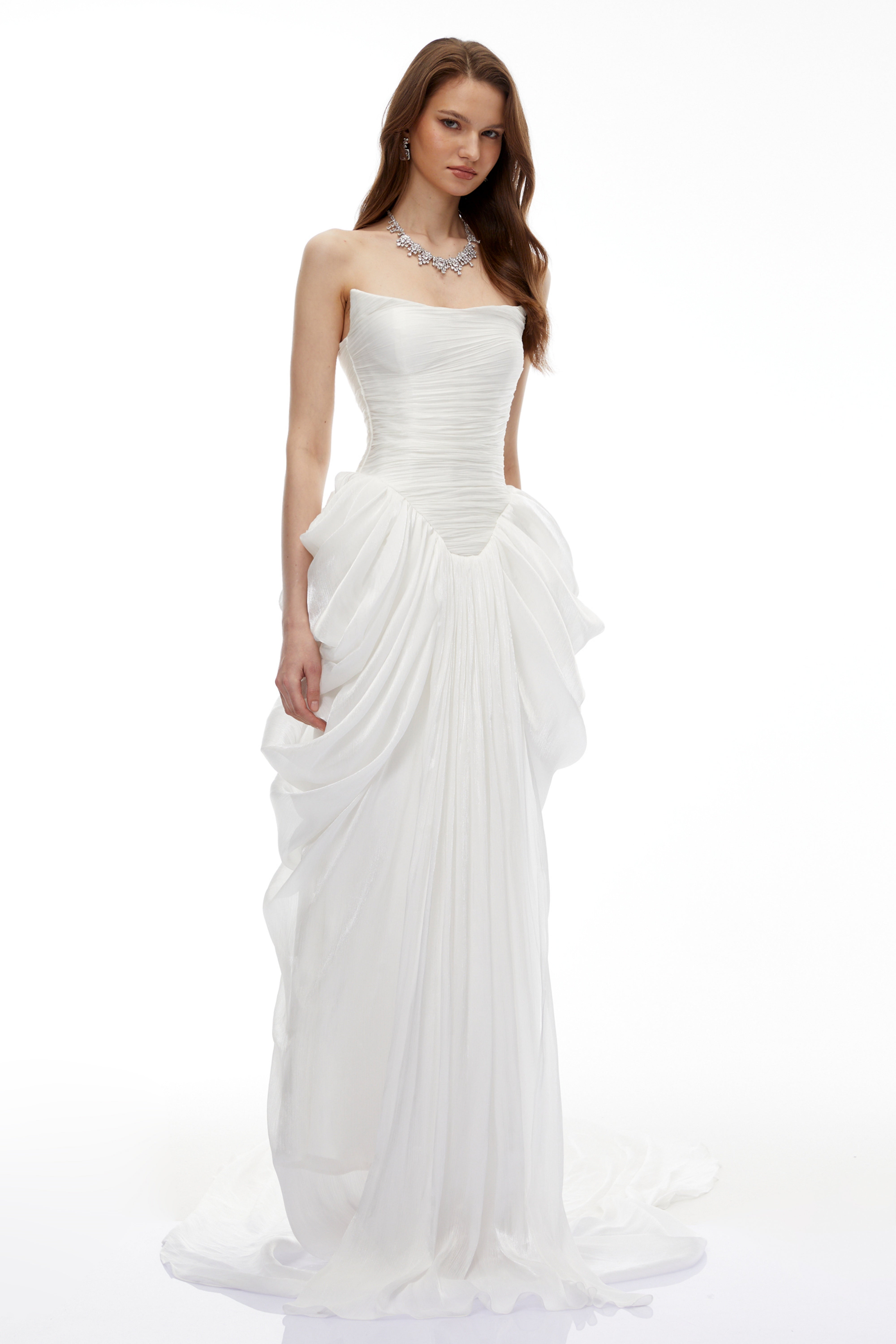 Robe longue moulante à volants, couleur blanc lys