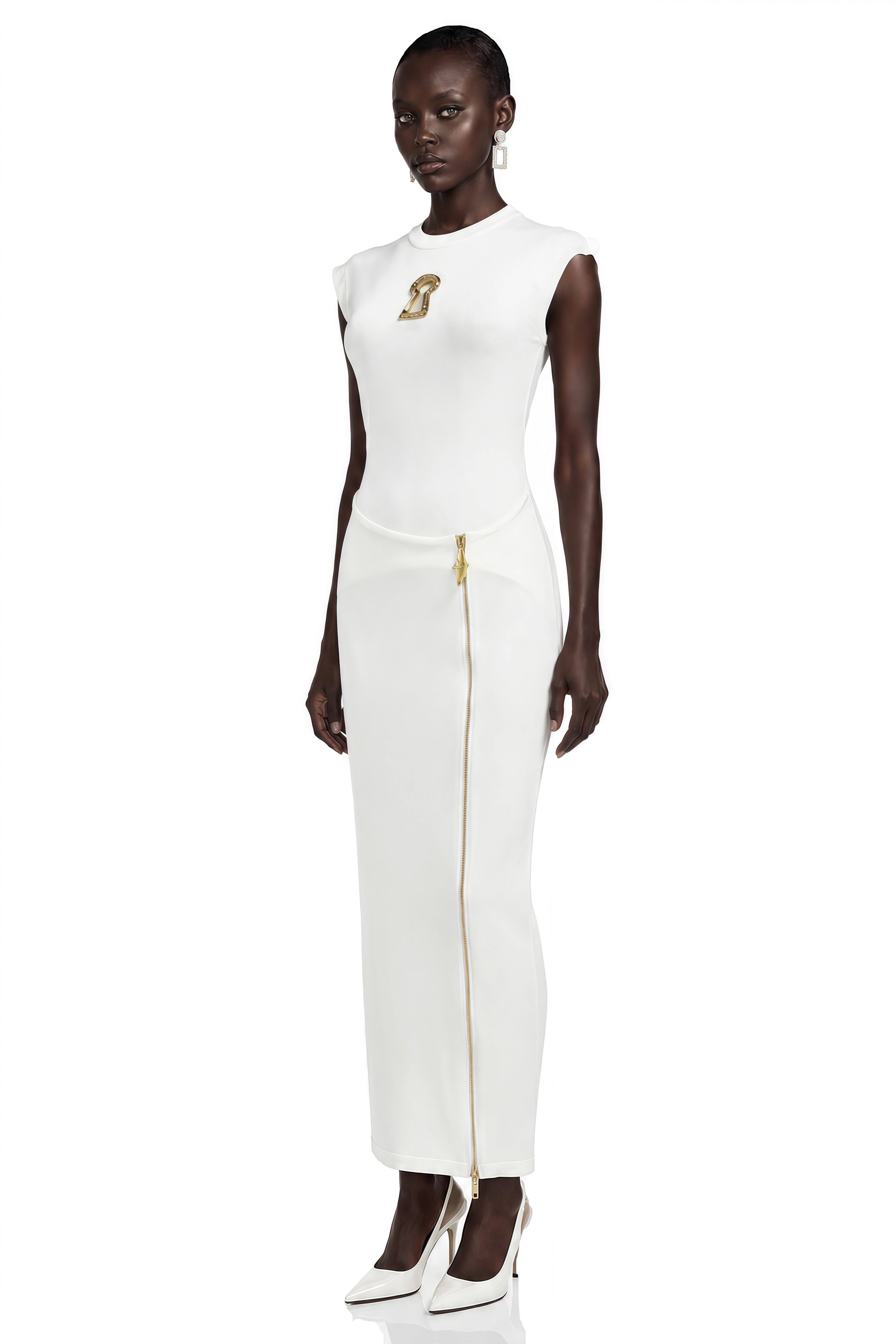 Linda White Bodycon Maxi Dress with Rhinestone Brooch