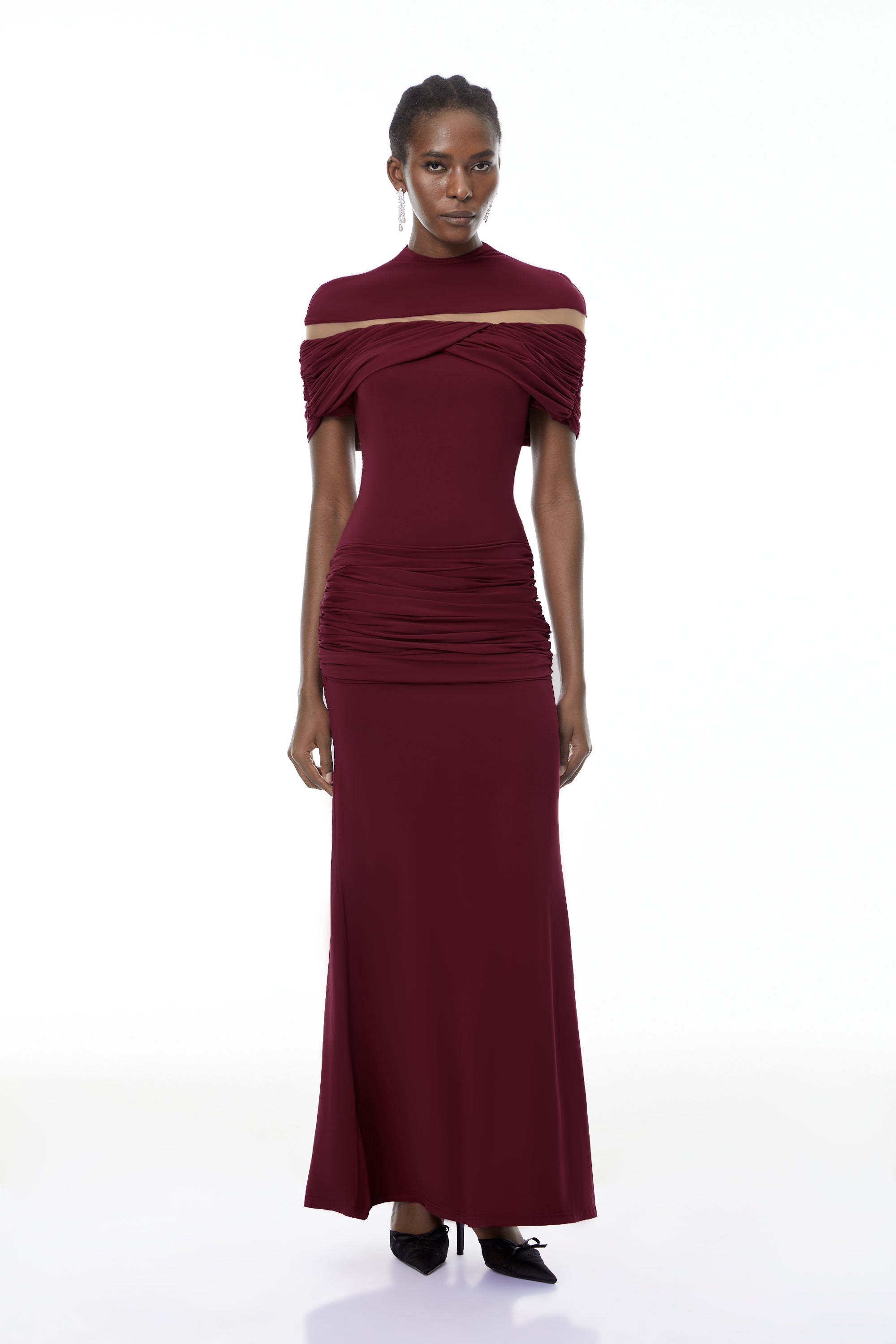 Lise Burgundy Ruched Maxi Dress with Cut-Outs