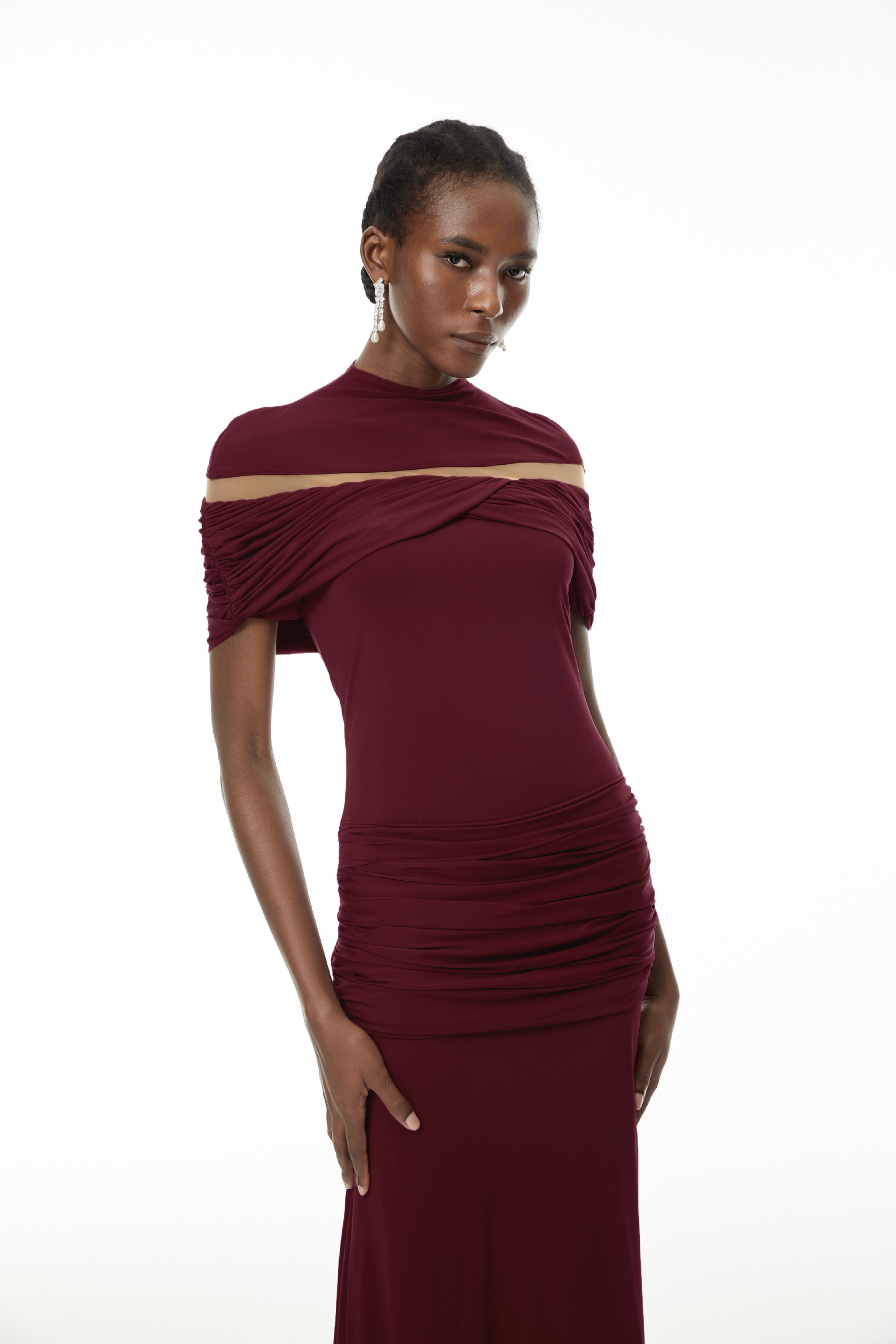 Lise Burgundy Ruched Maxi Dress with Cut-Outs