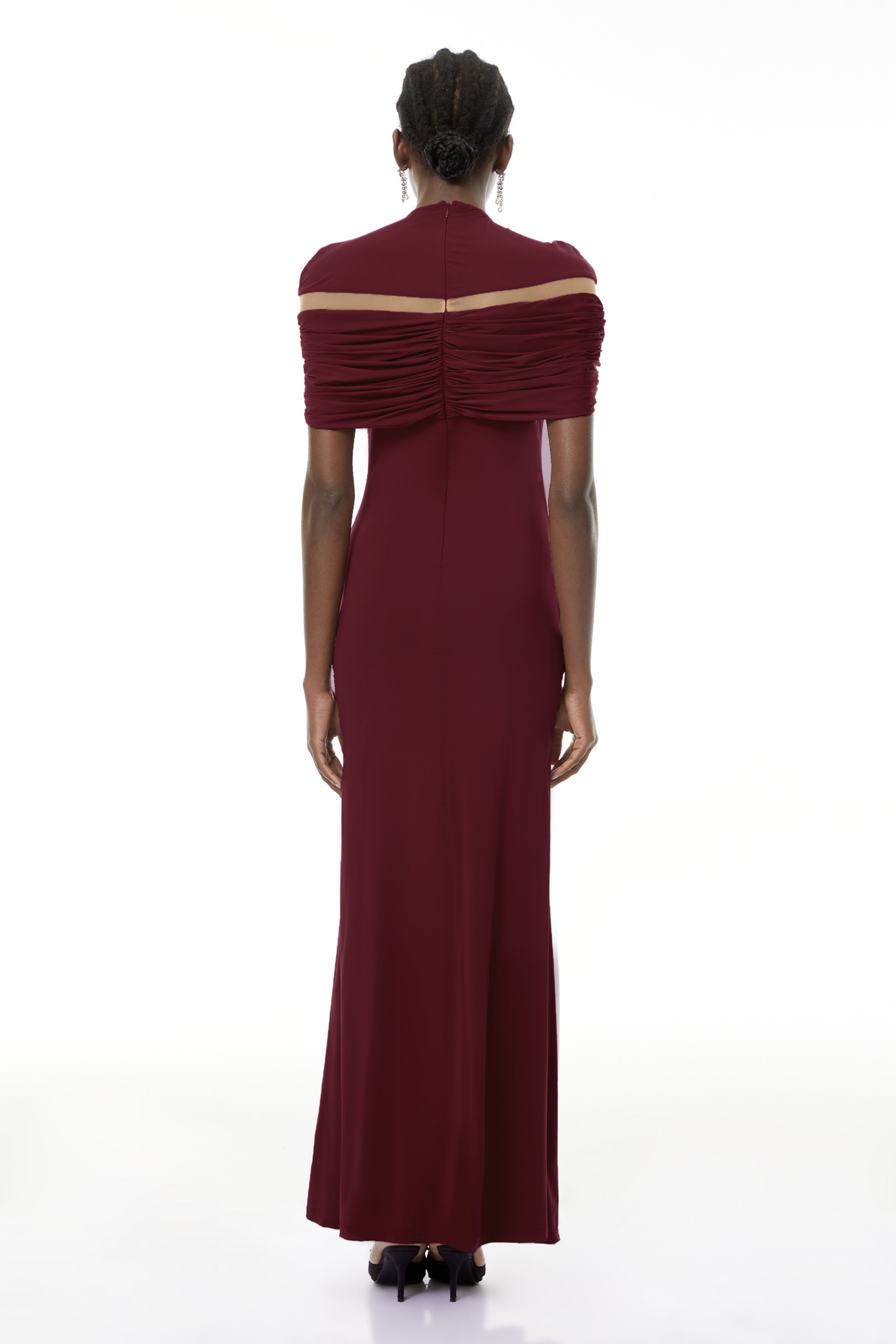 Lise Burgundy Ruched Maxi Dress with Cut-Outs