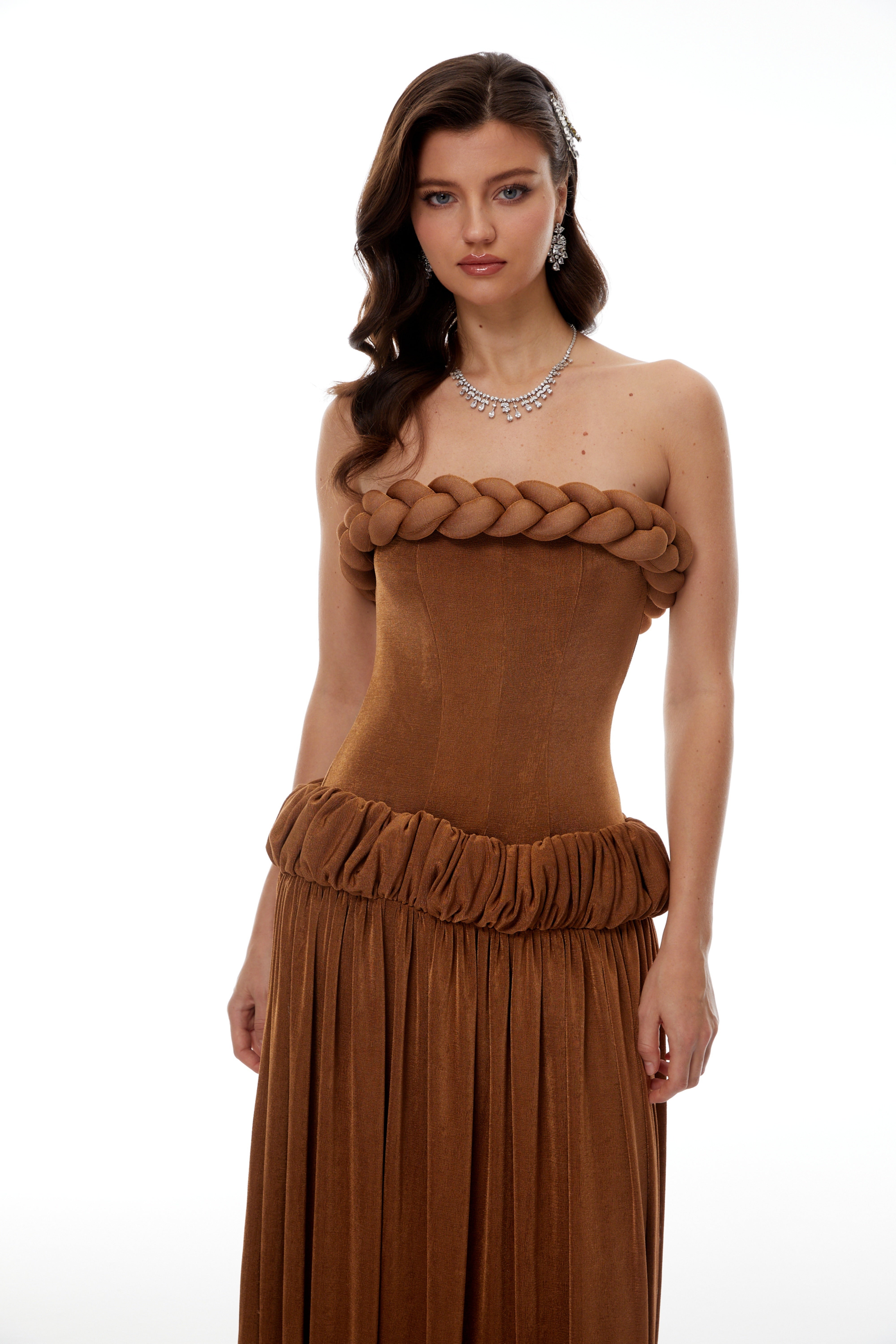 Lluís Brown Ruched Maxi Dress with Braid Detail