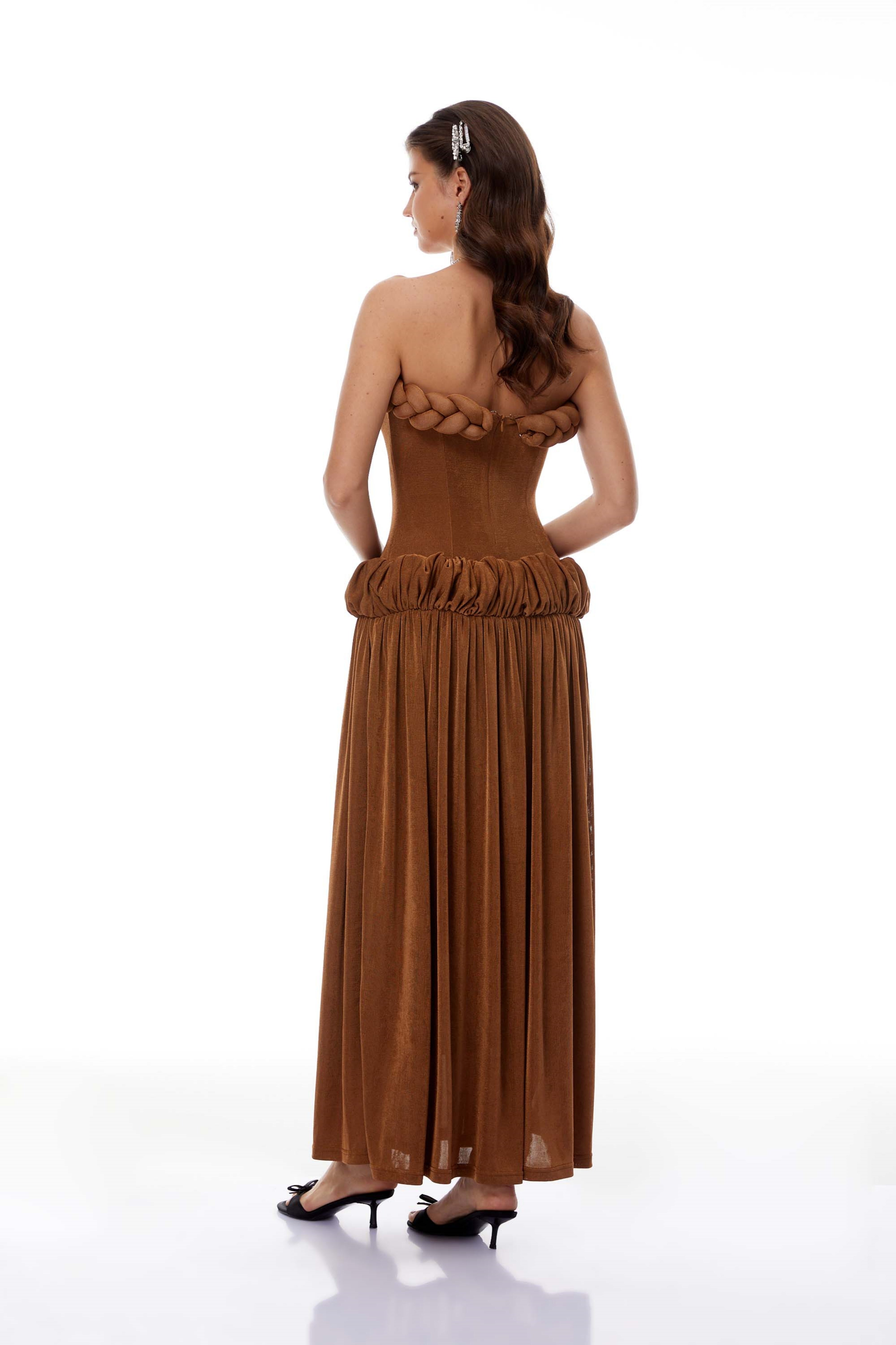 Lluís Brown Ruched Maxi Dress with Braid Detail
