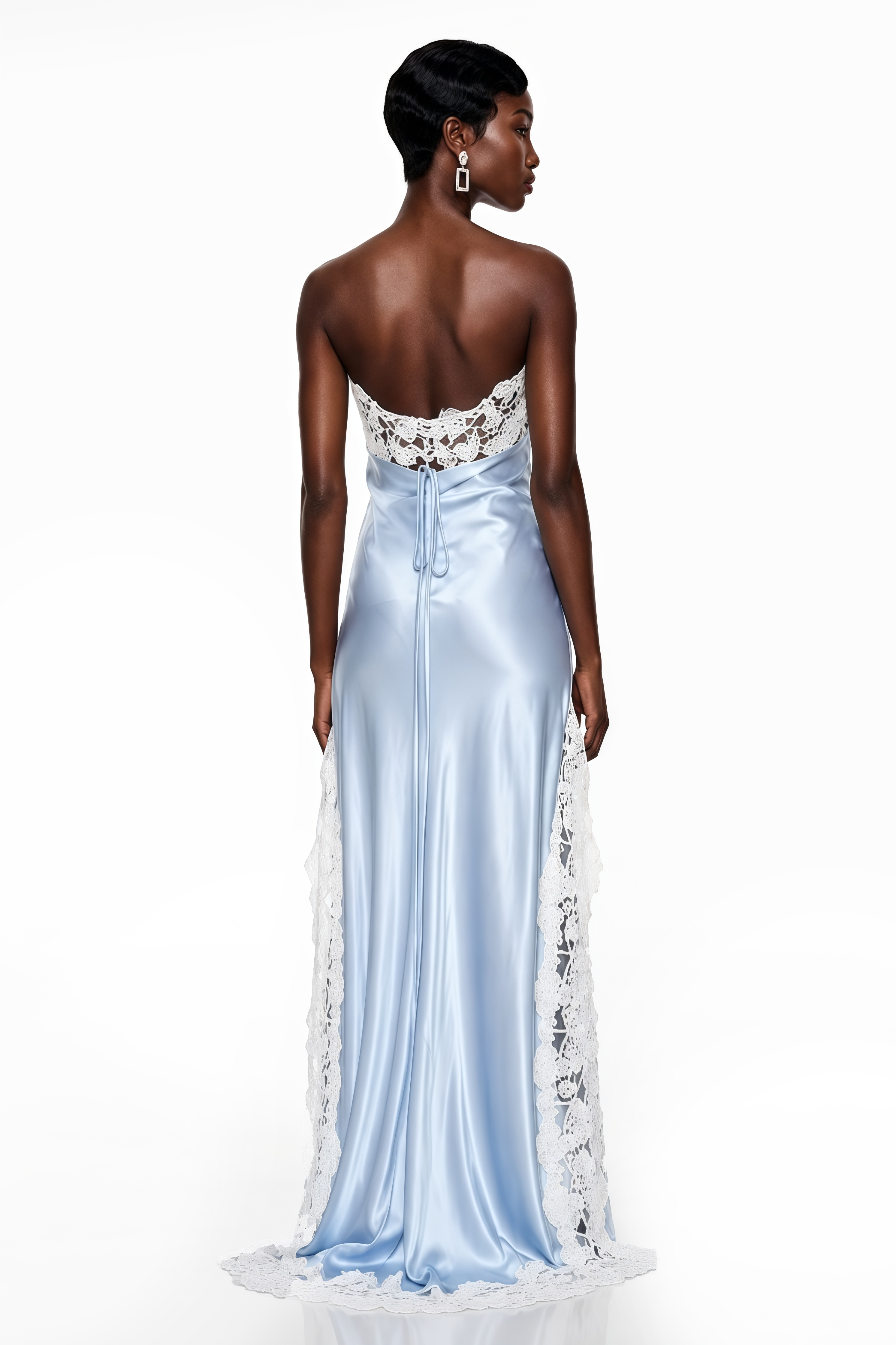 Lola Blue Off Shoulder Asymmetrical Maxi Dress with Lace Trim