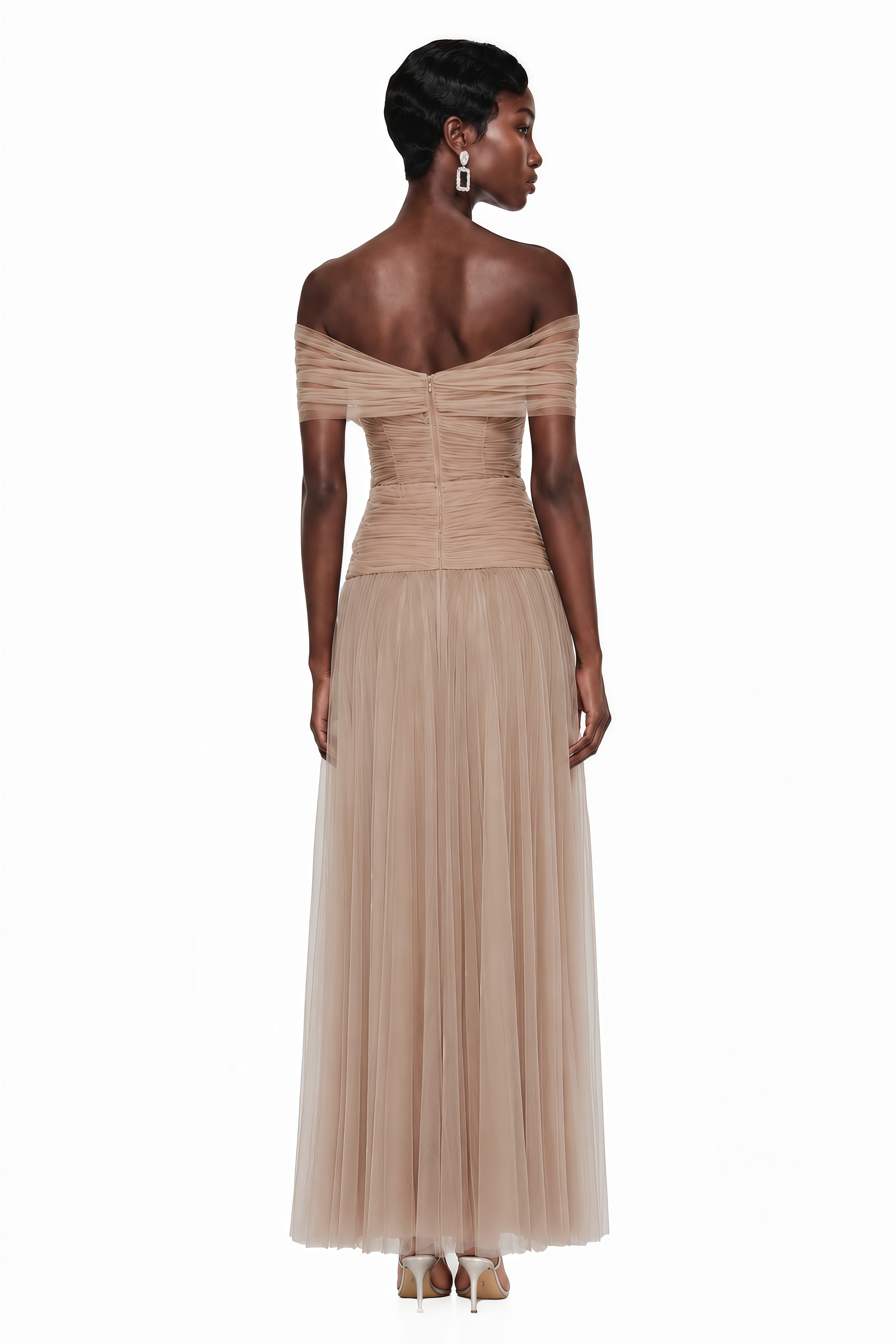 Lolwa Khaki Ruched Maxi Dress with 3D Petals