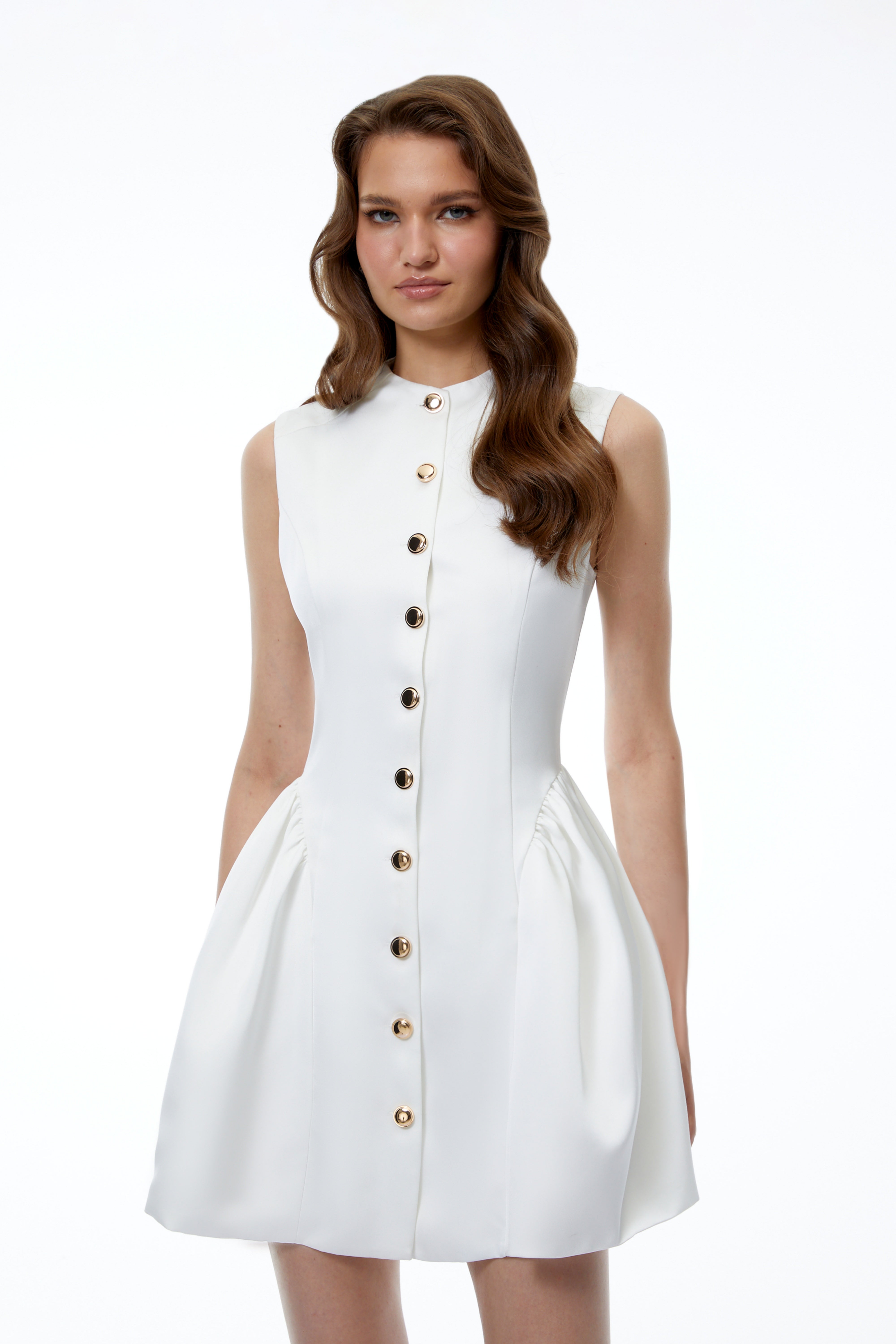 Lorelei White Sleeveless Ruched Mini Dress with Buttons