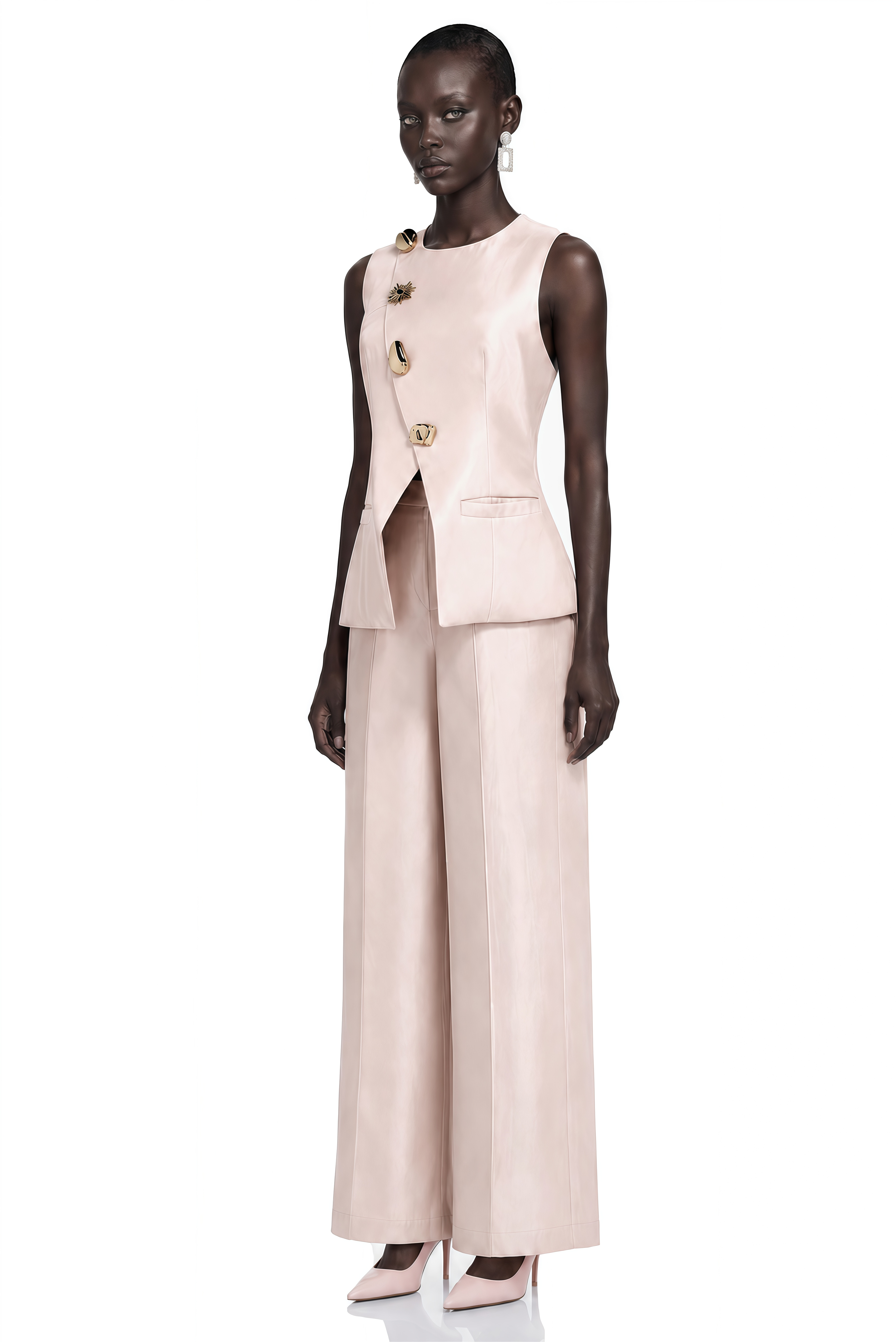 Lorraine Pink Tailored Vest & Trousers Set with Metal Brooch
