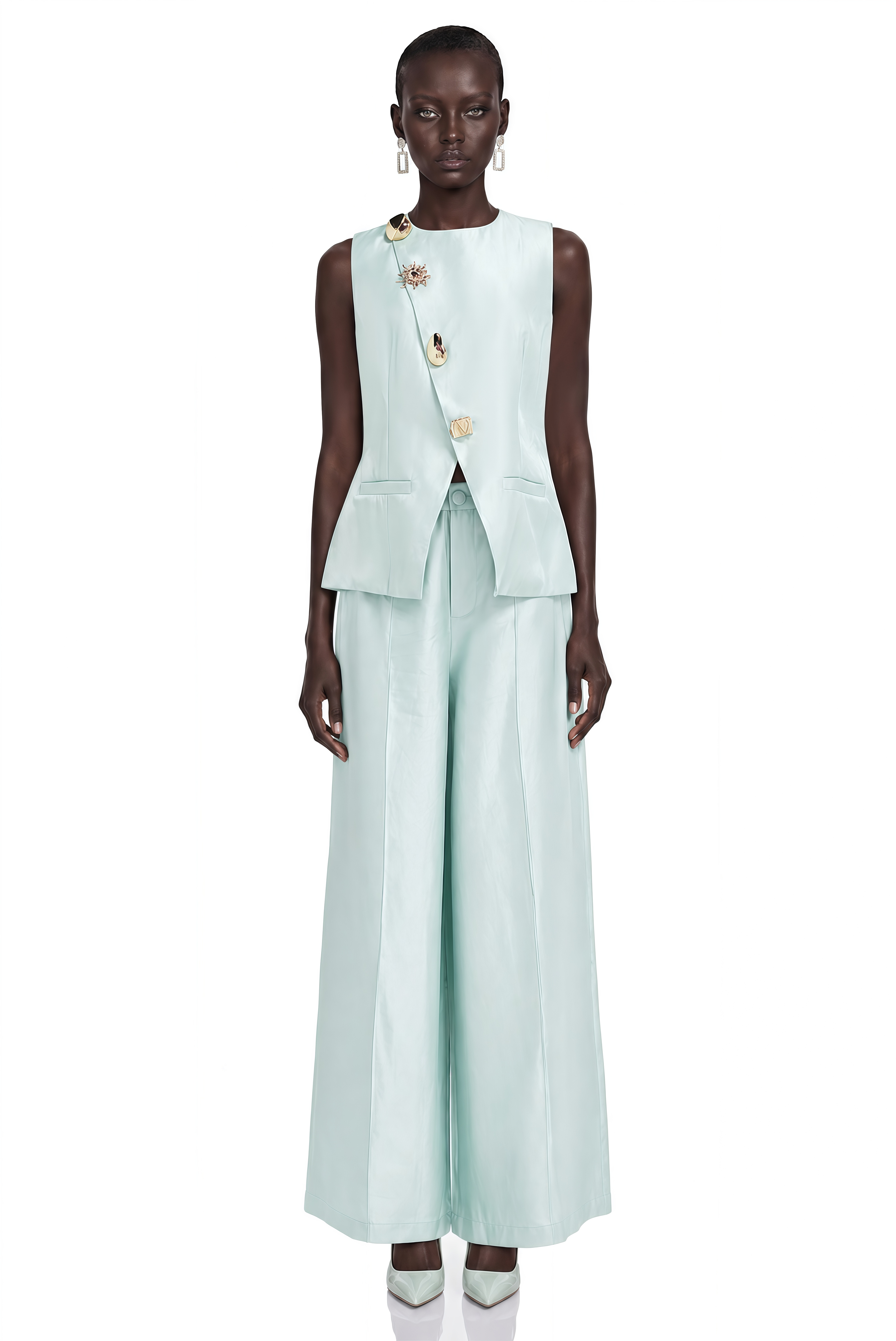 Lorraine Taupe Tailored Vest & Trousers Set with Metal Brooch