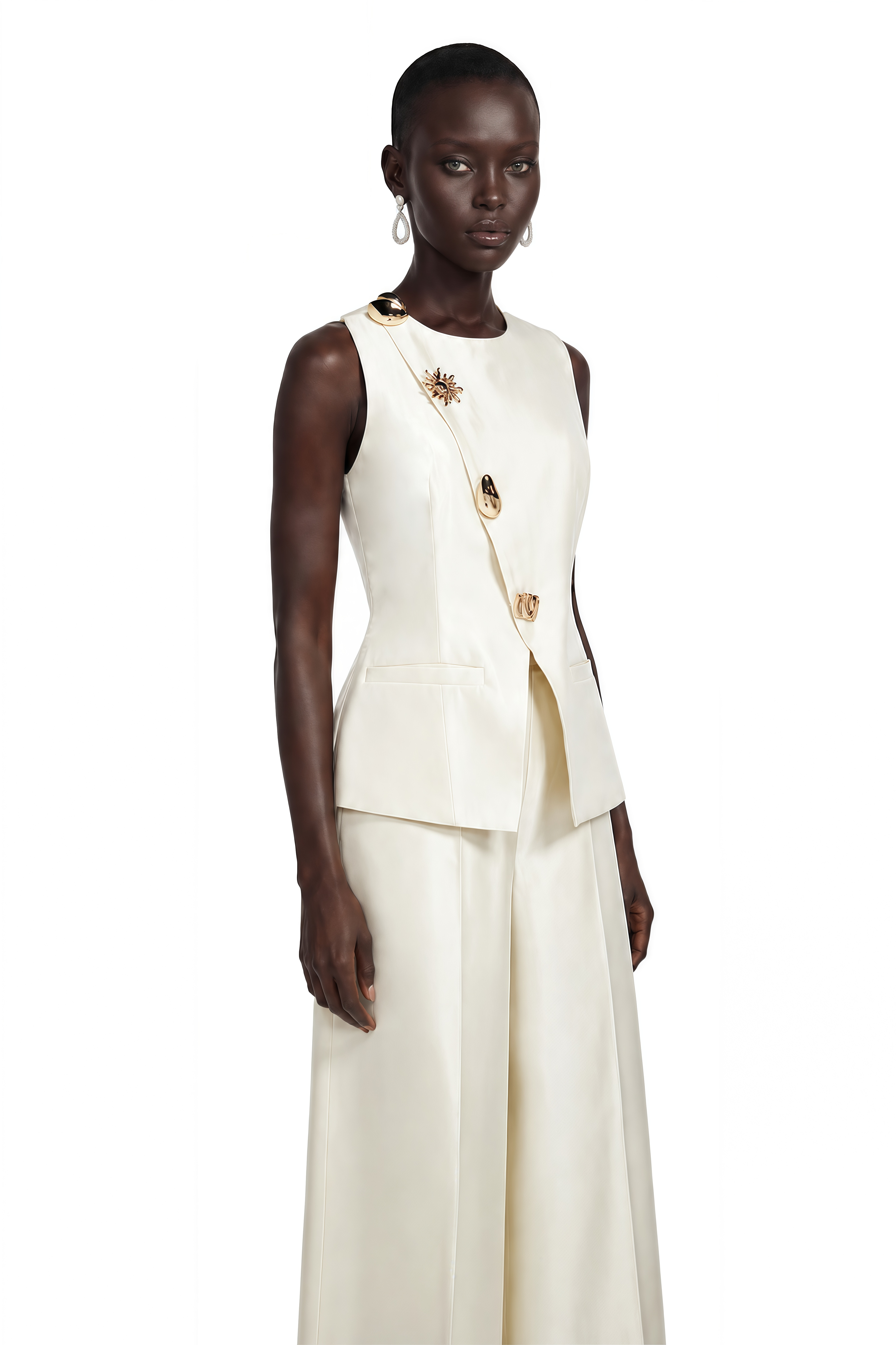 Lorraine White Tailored Vest & Trousers Set with Metal Brooch