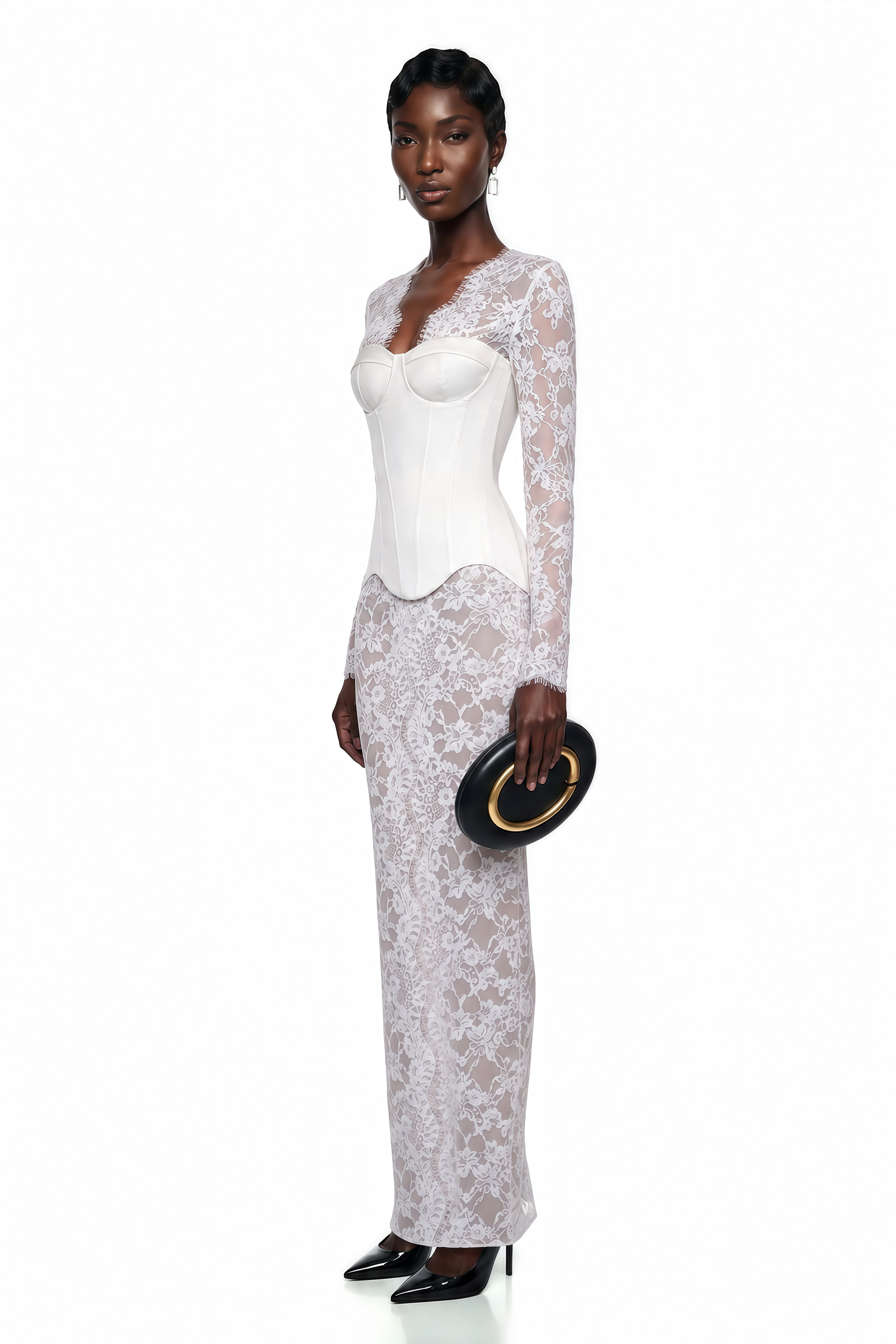 Luciana White Plunge Neck Maxi Dress with Lace Panel