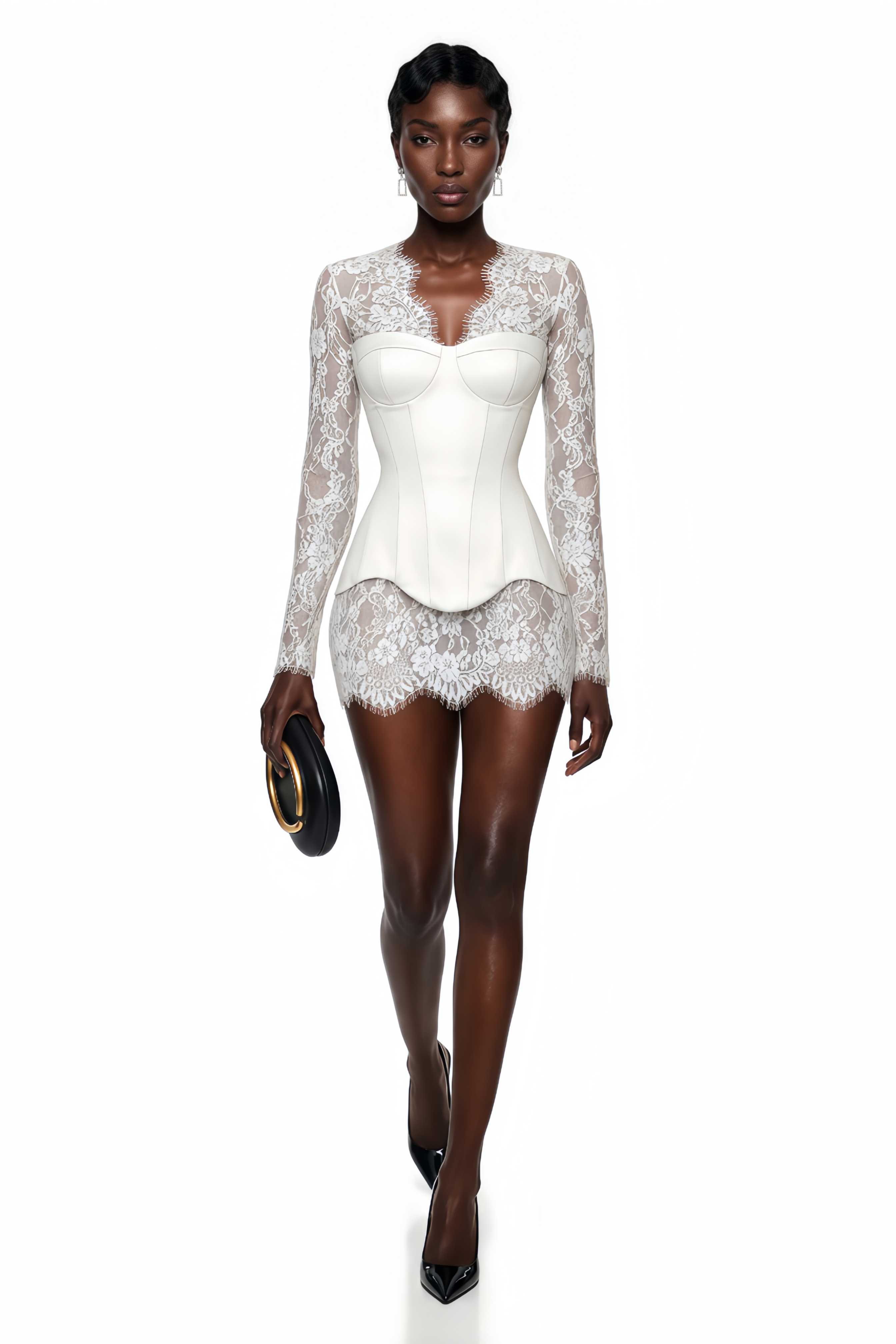 Luciana White Plunge Neck Mini Dress with Lace Panel