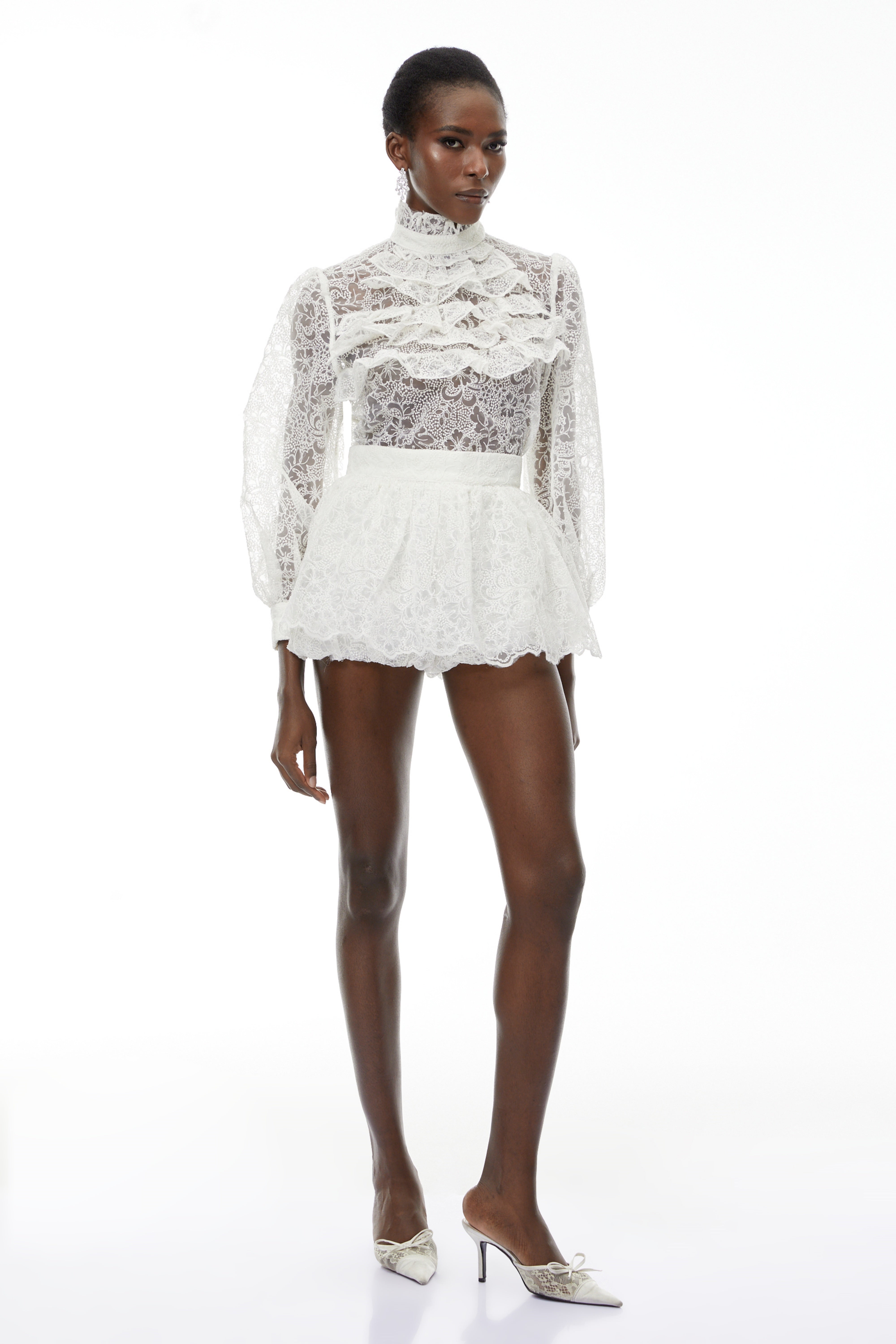 Ludwika White Lace Blouse & Ruffled Skirt Set