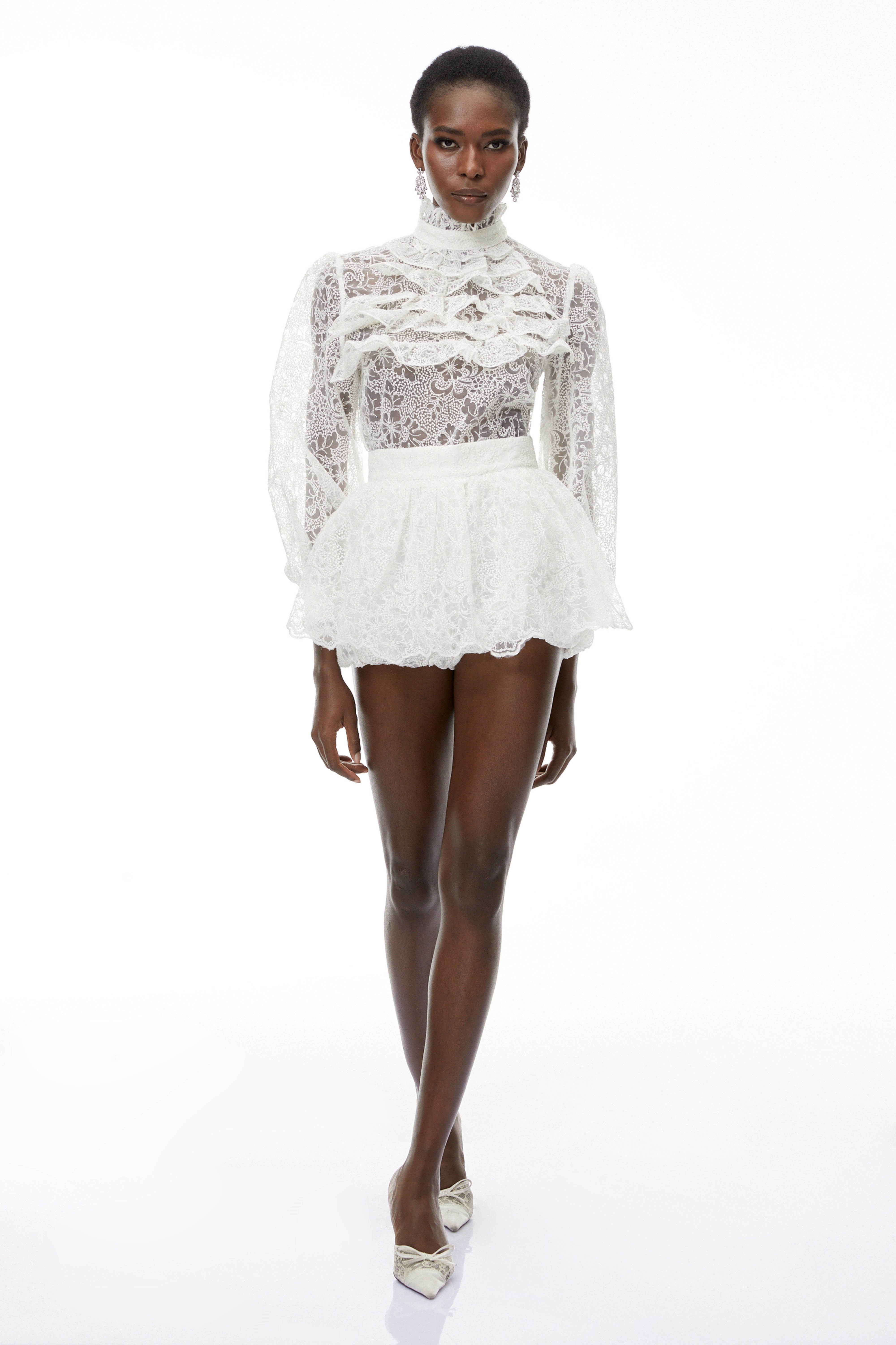 Ludwika White Lace Blouse & Ruffled Skirt Set