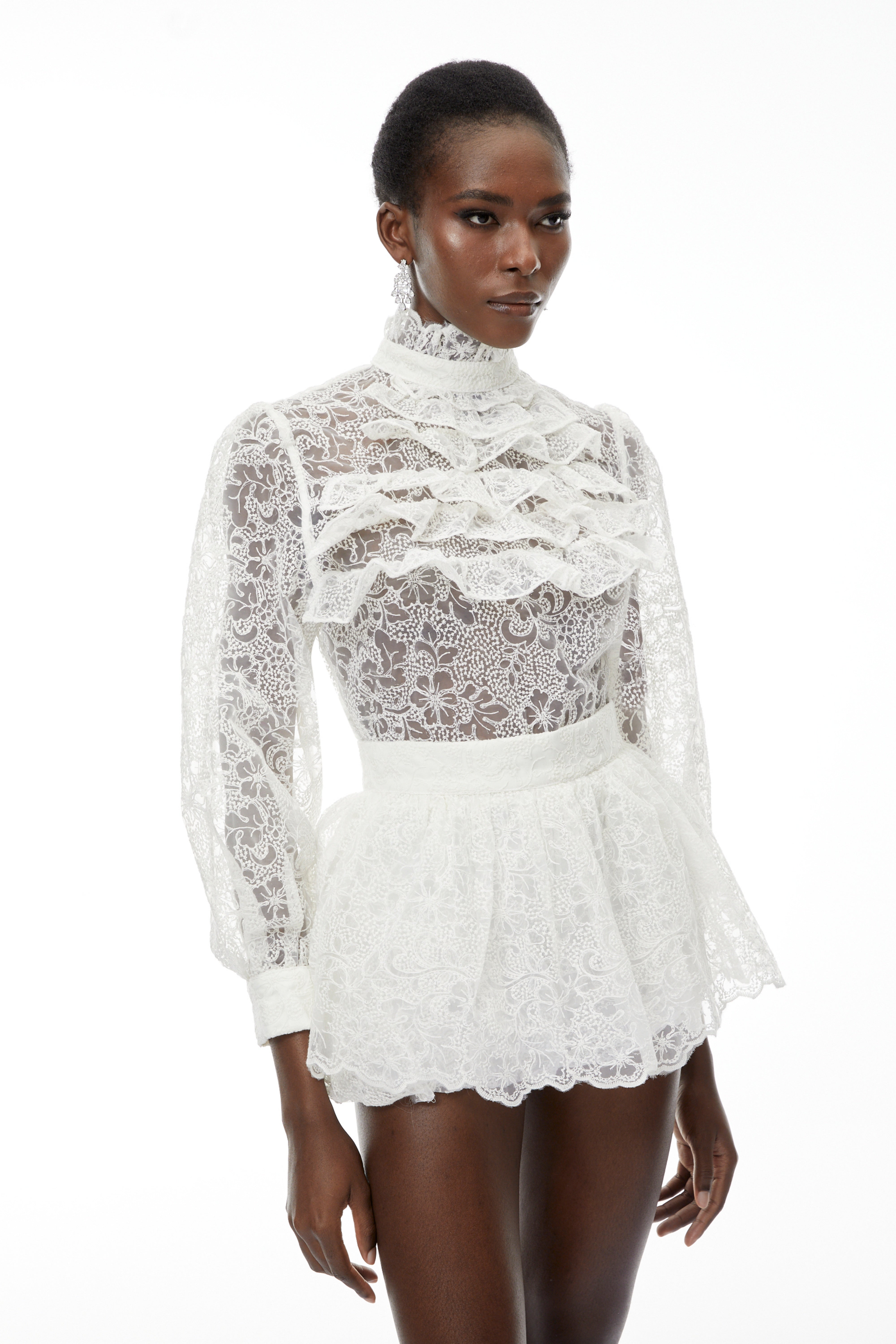 Ludwika White Lace Blouse & Ruffled Skirt Set