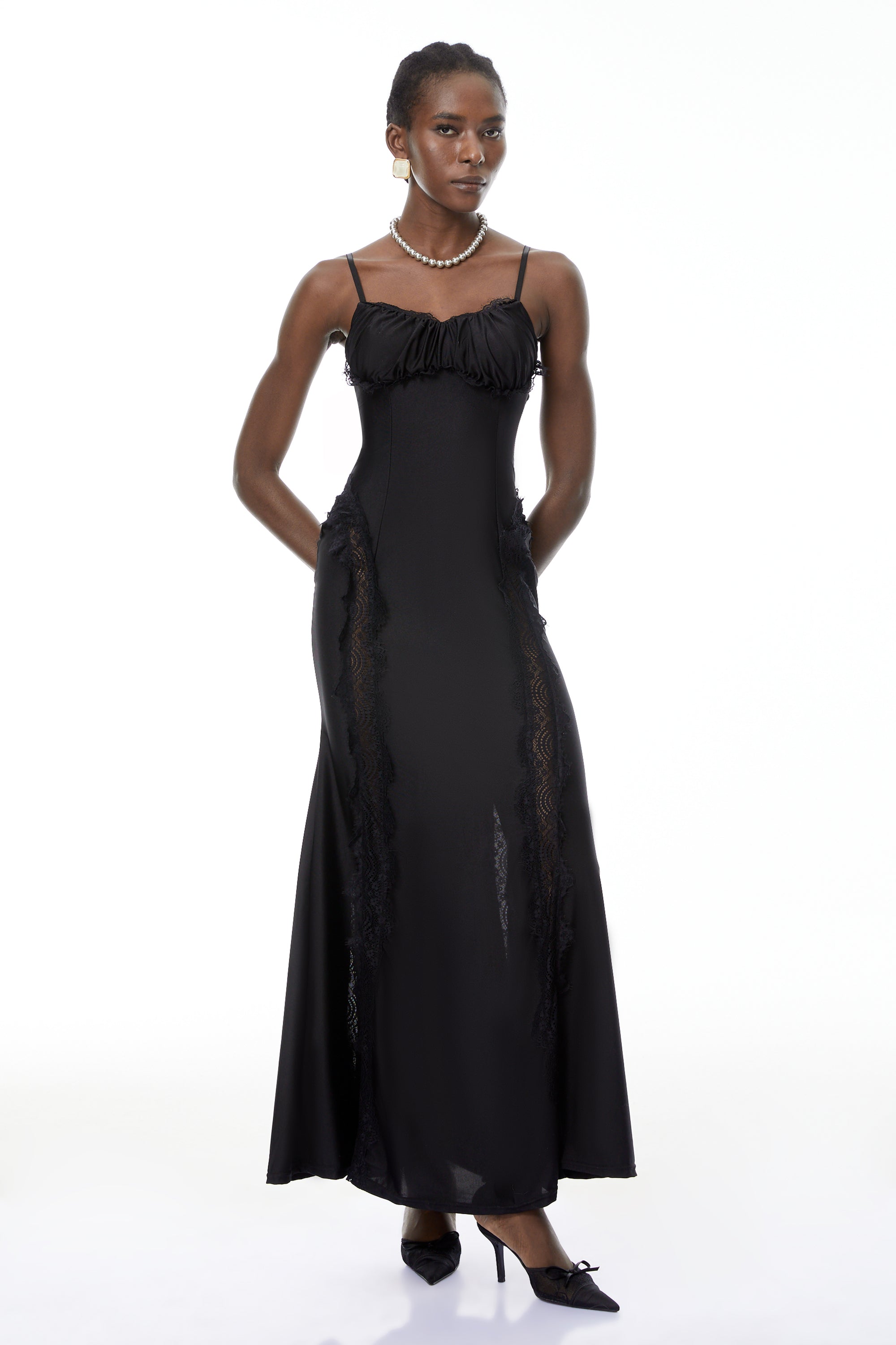 Luminița Black Lace Trim Corset Maxi Dress