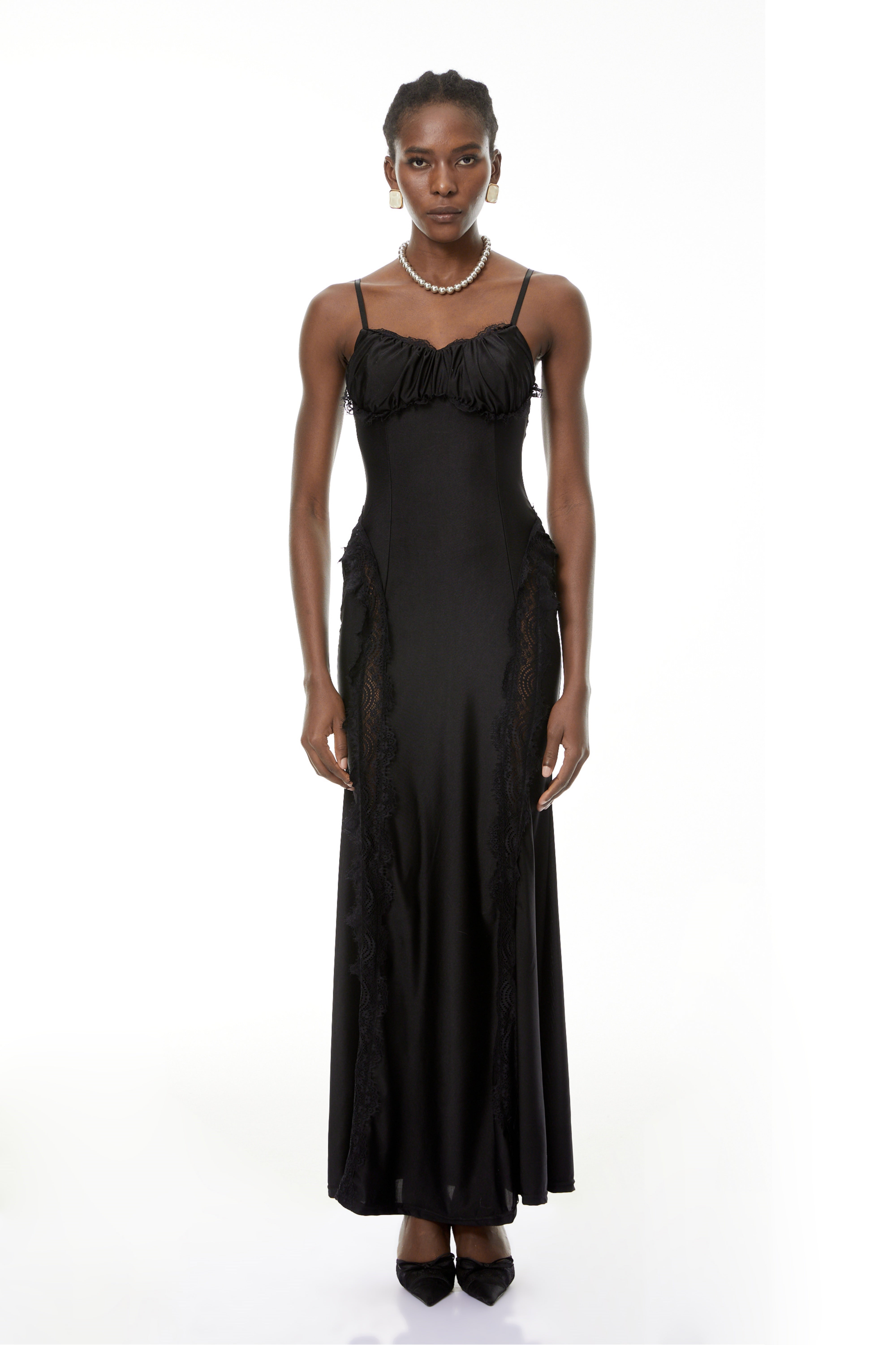 Luminița Black Lace Trim Corset Maxi Dress