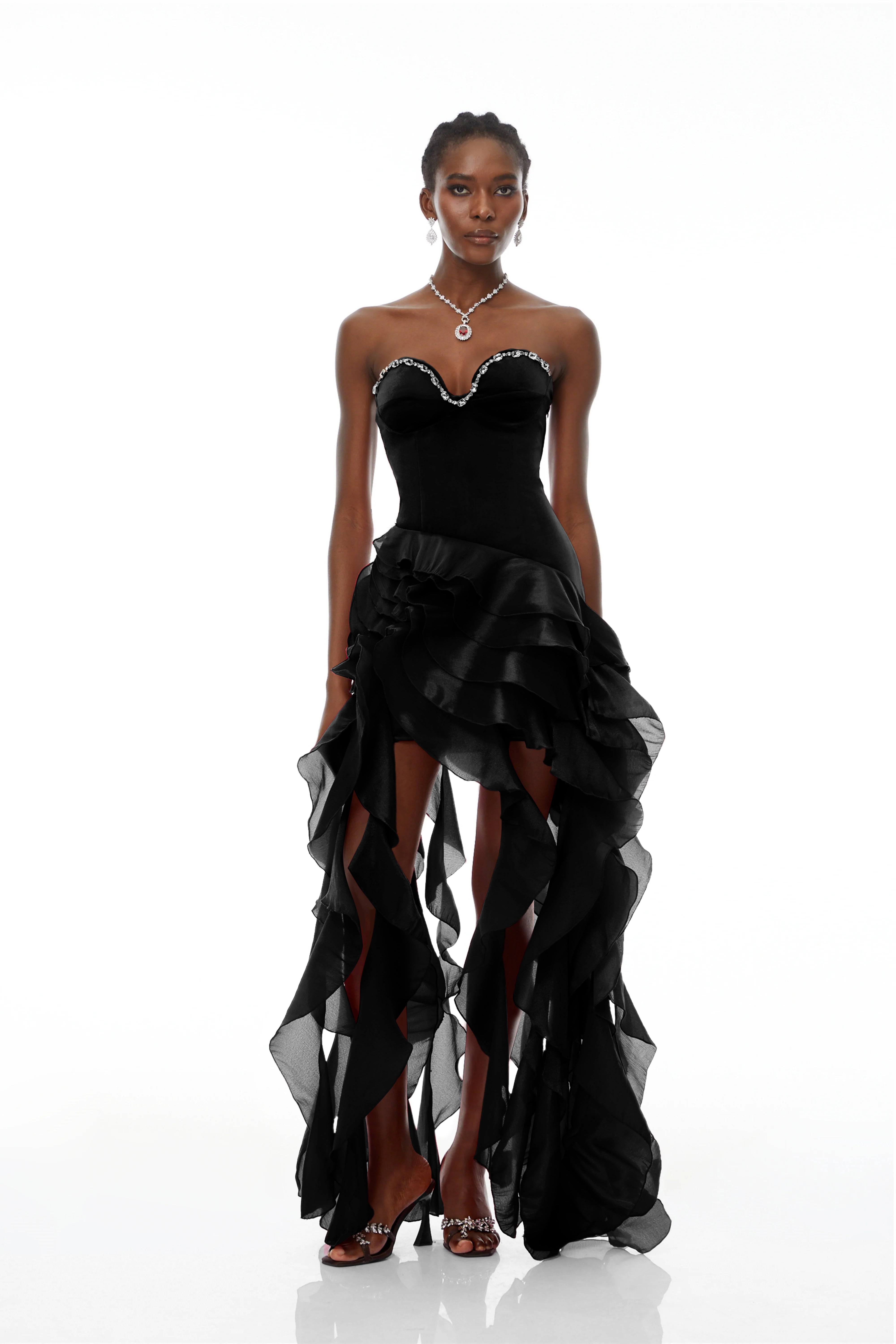 Lunetta Black Strapless Ruffled Maxi Dress