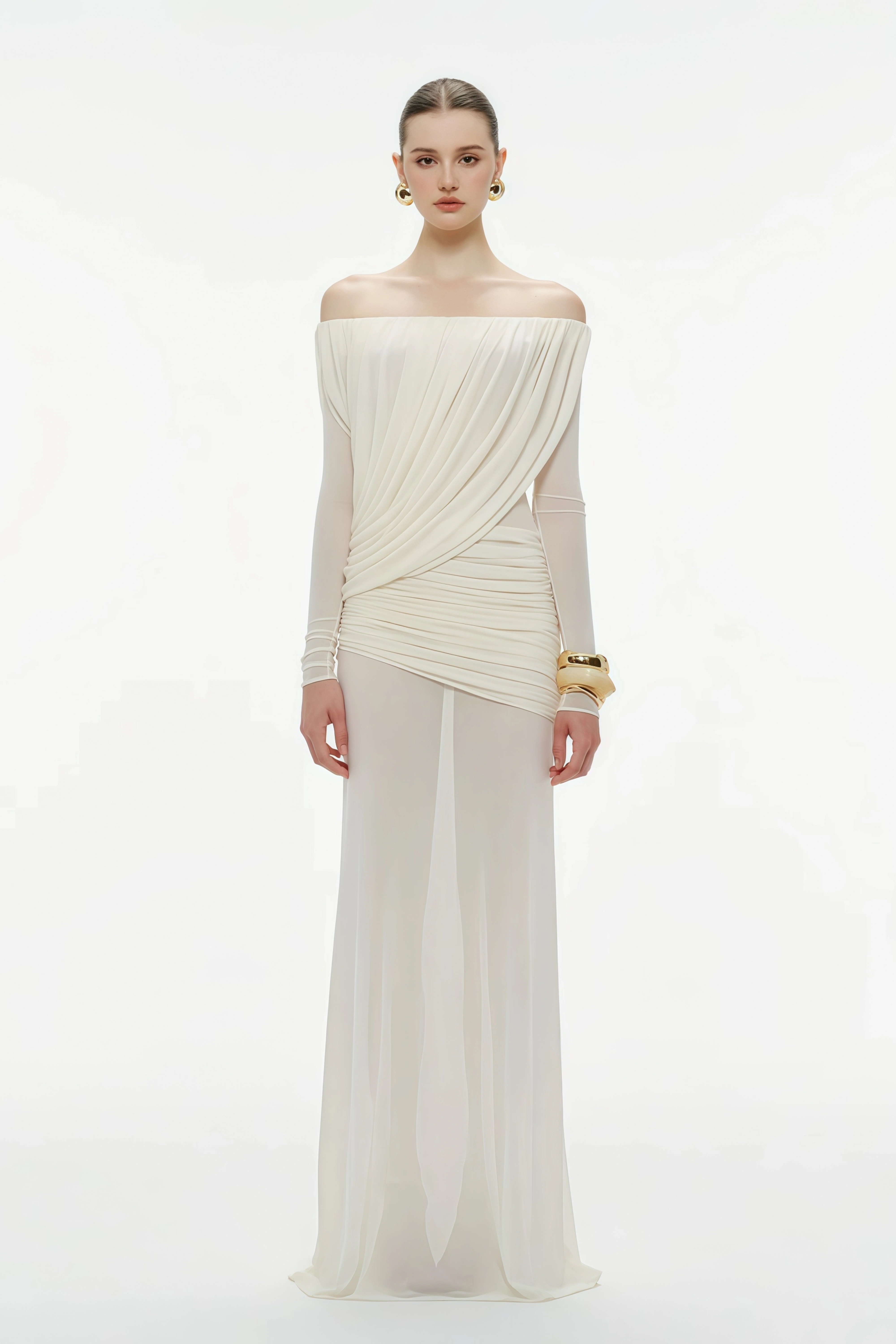 فستان زينوبيا البني ماكسي شبكي غير متماثل