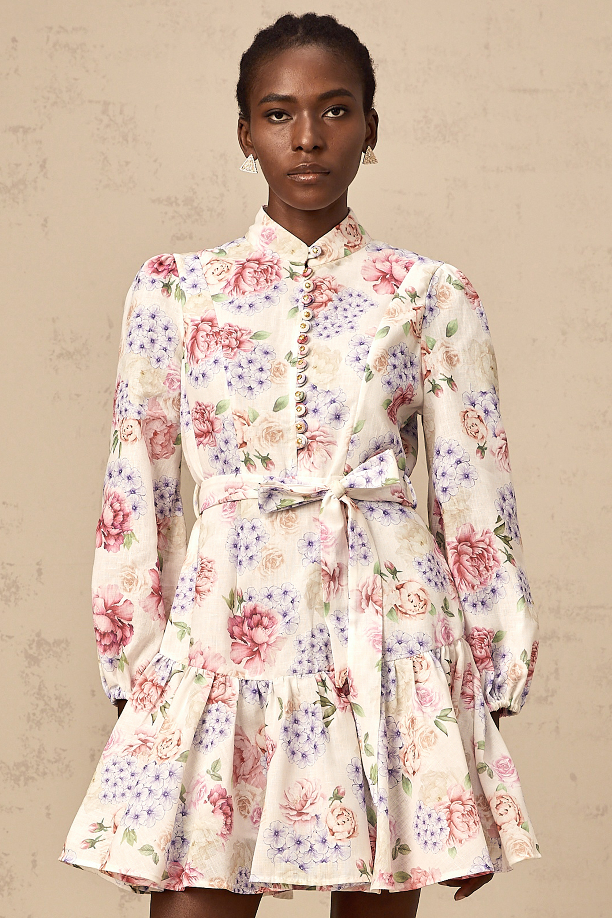 Maia tied-waist floral-print mini dress in White