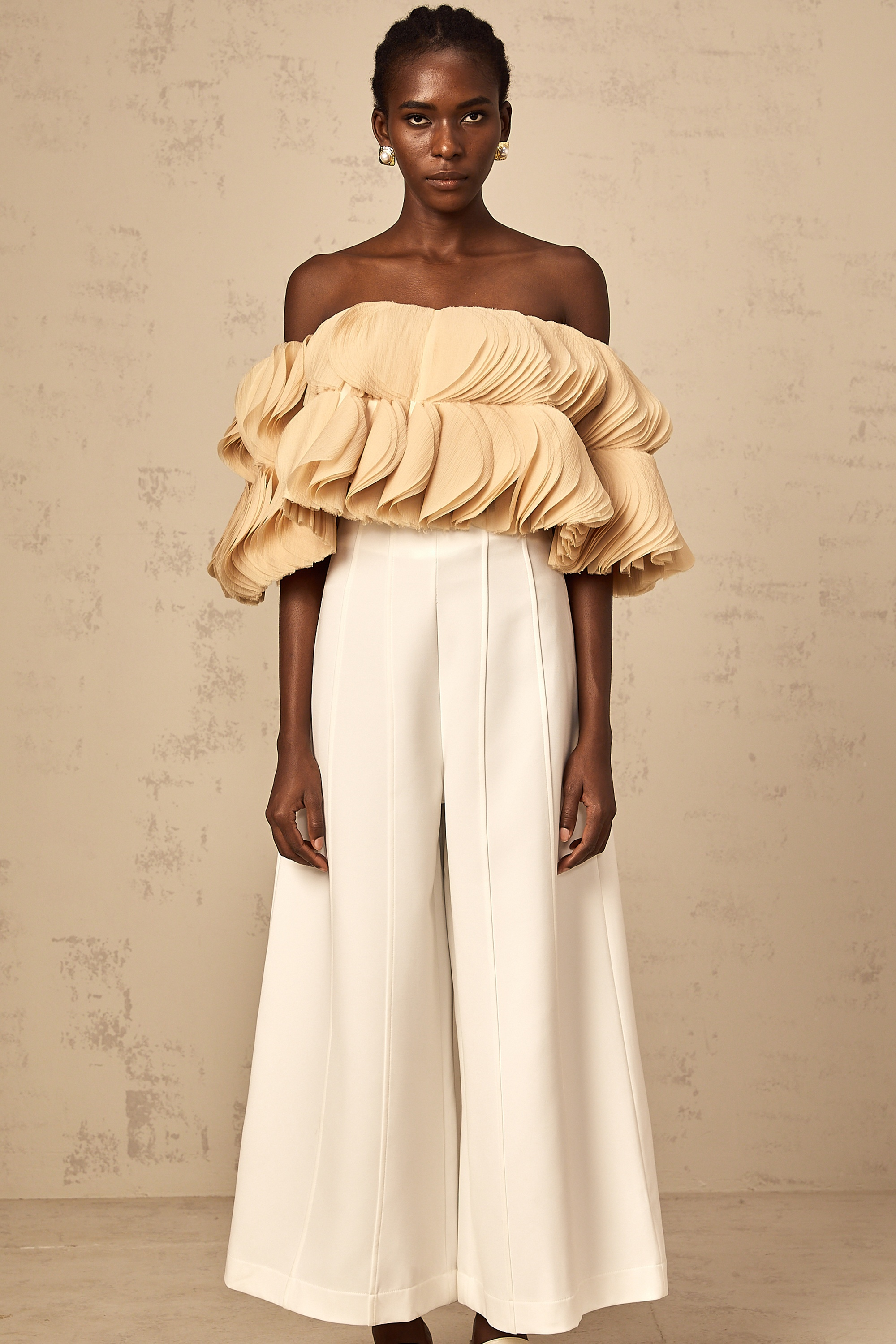 Elise neutrals off-shoulder shirred cropped top