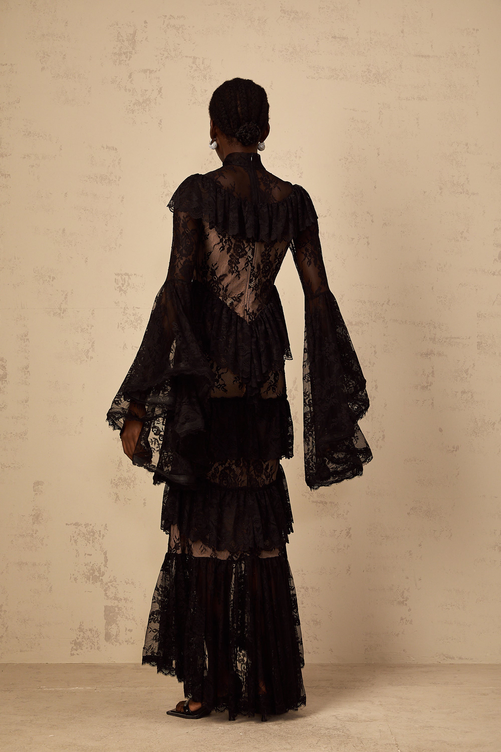 Roxane black floral-lace ruffled maxi dress