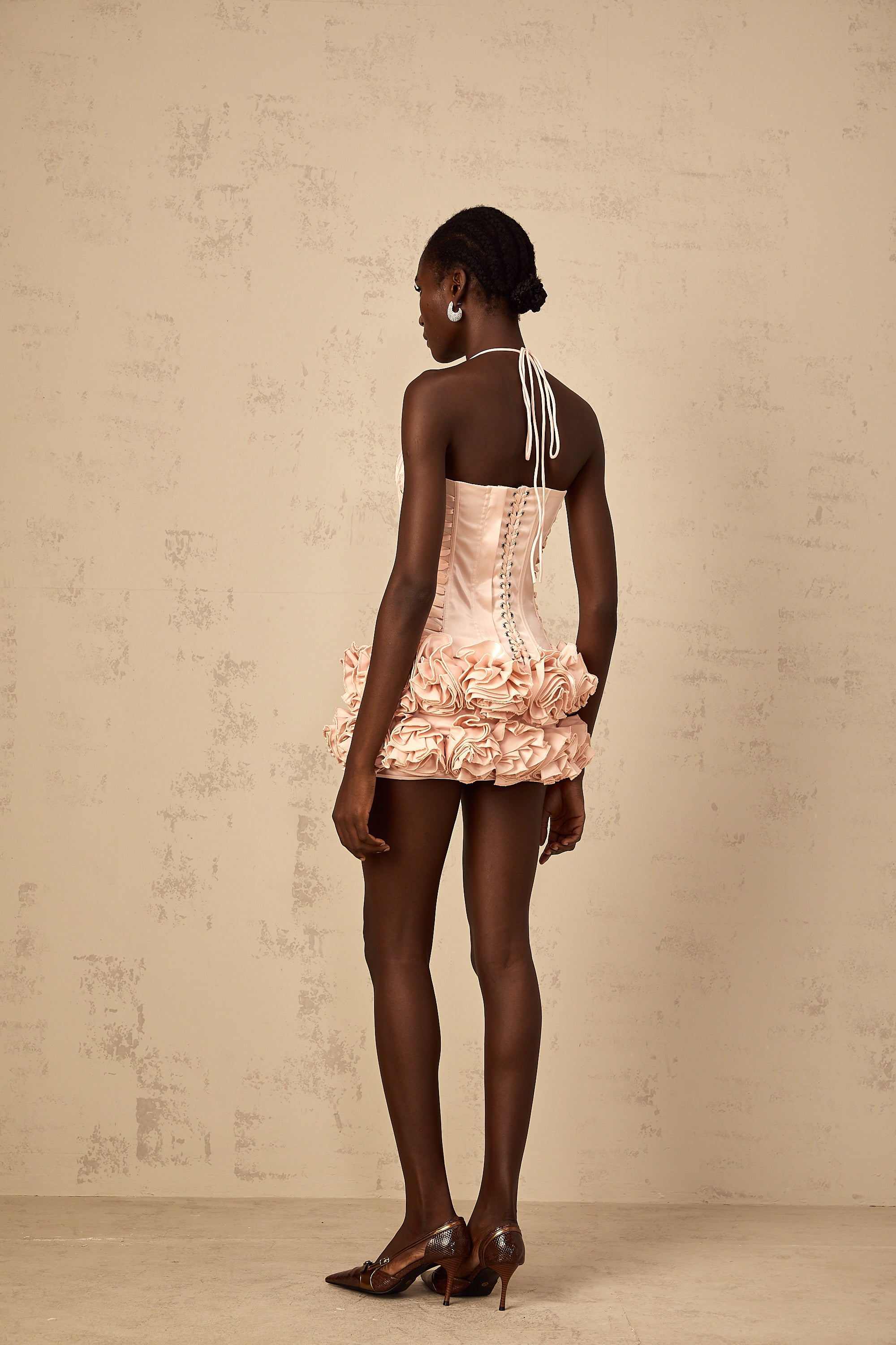 Jeanne pink faux-flower lace-up top & skirt matching set