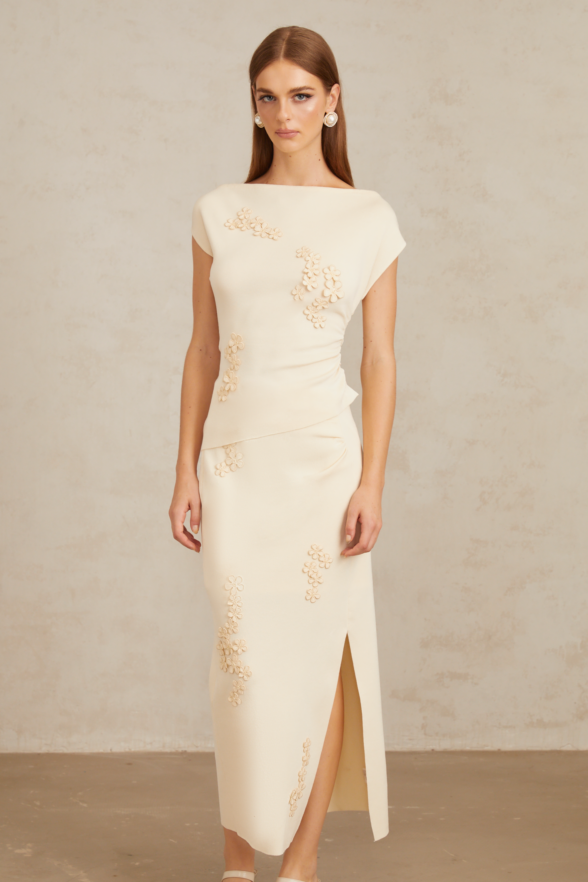 Étienne Neutral Floral Appliqué Knit Top & Skirt Set