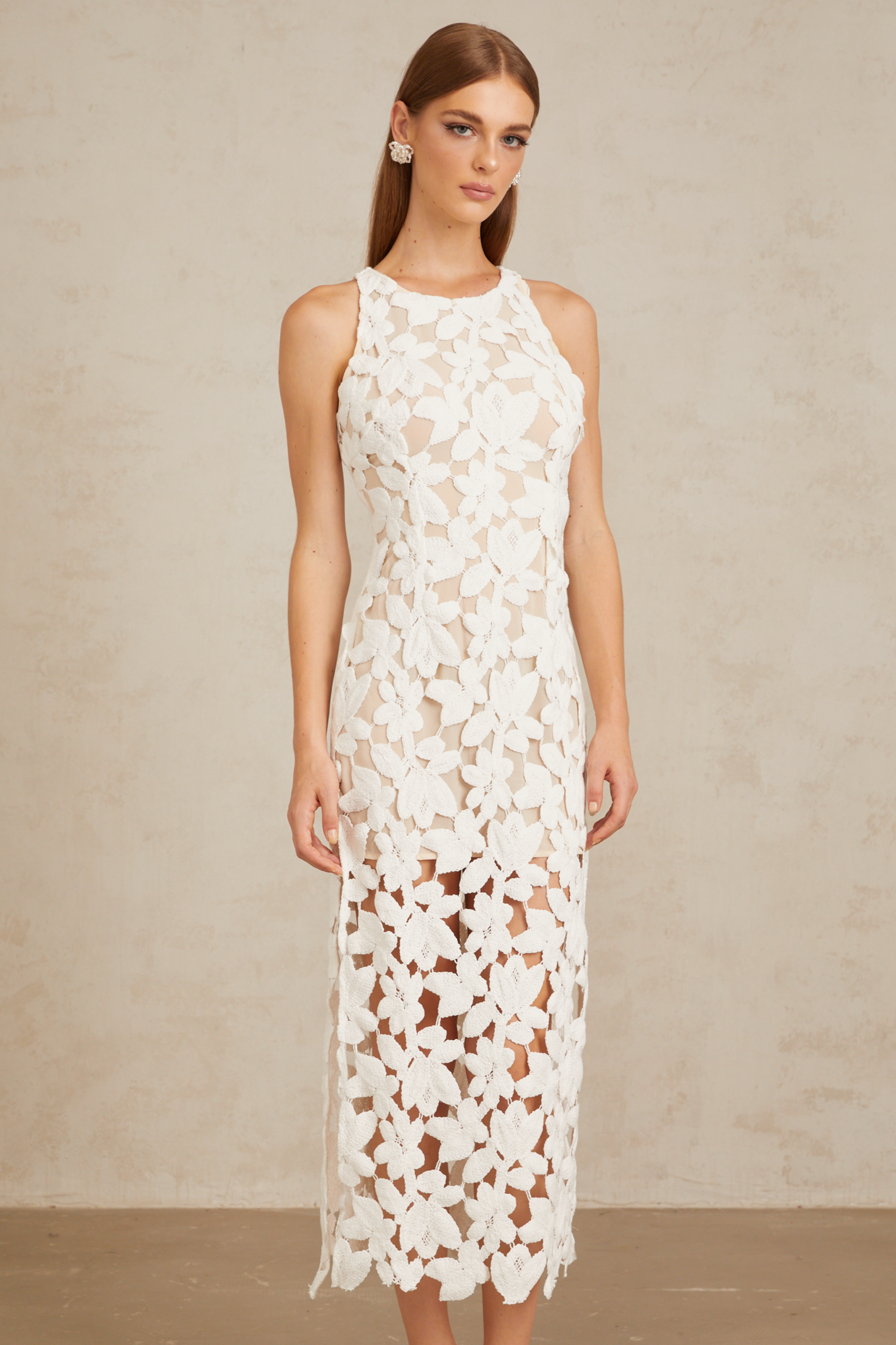 Wilhelmine White Cutout Embroidered Floral Midi Dress