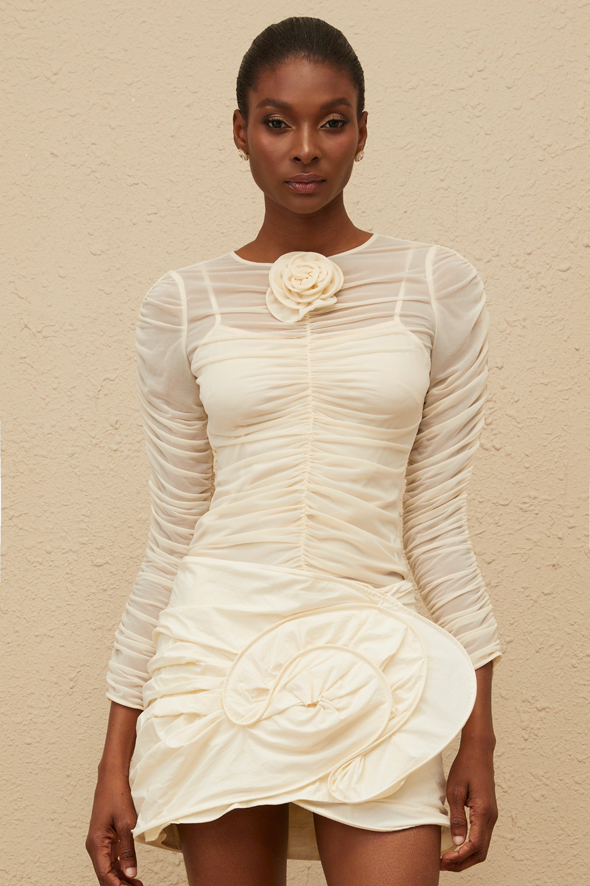 Lotte Neutral Ruched Mesh Blouse with Floral Appliqué