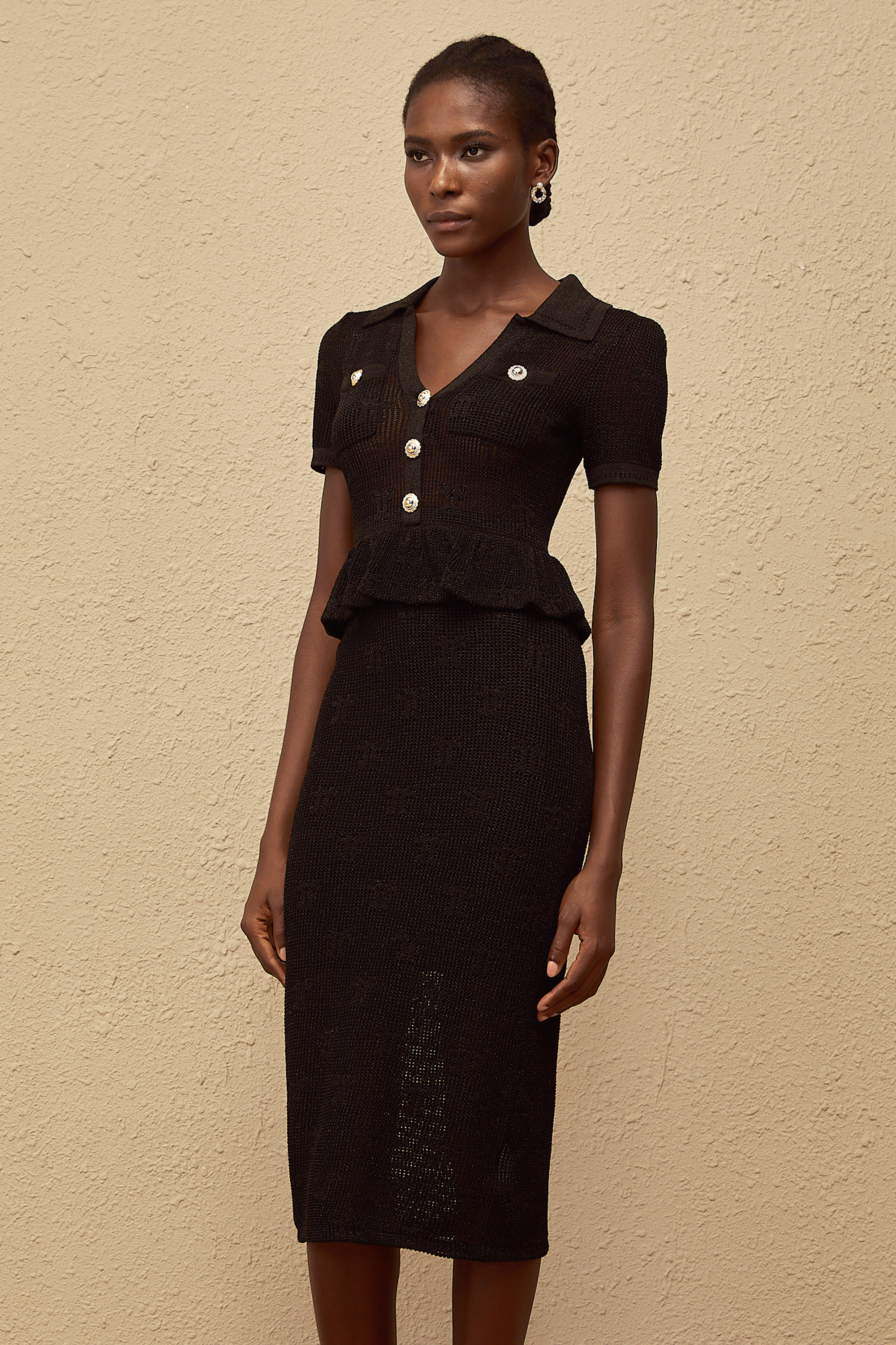 Theodora Black Crochet Knit Midi Dress