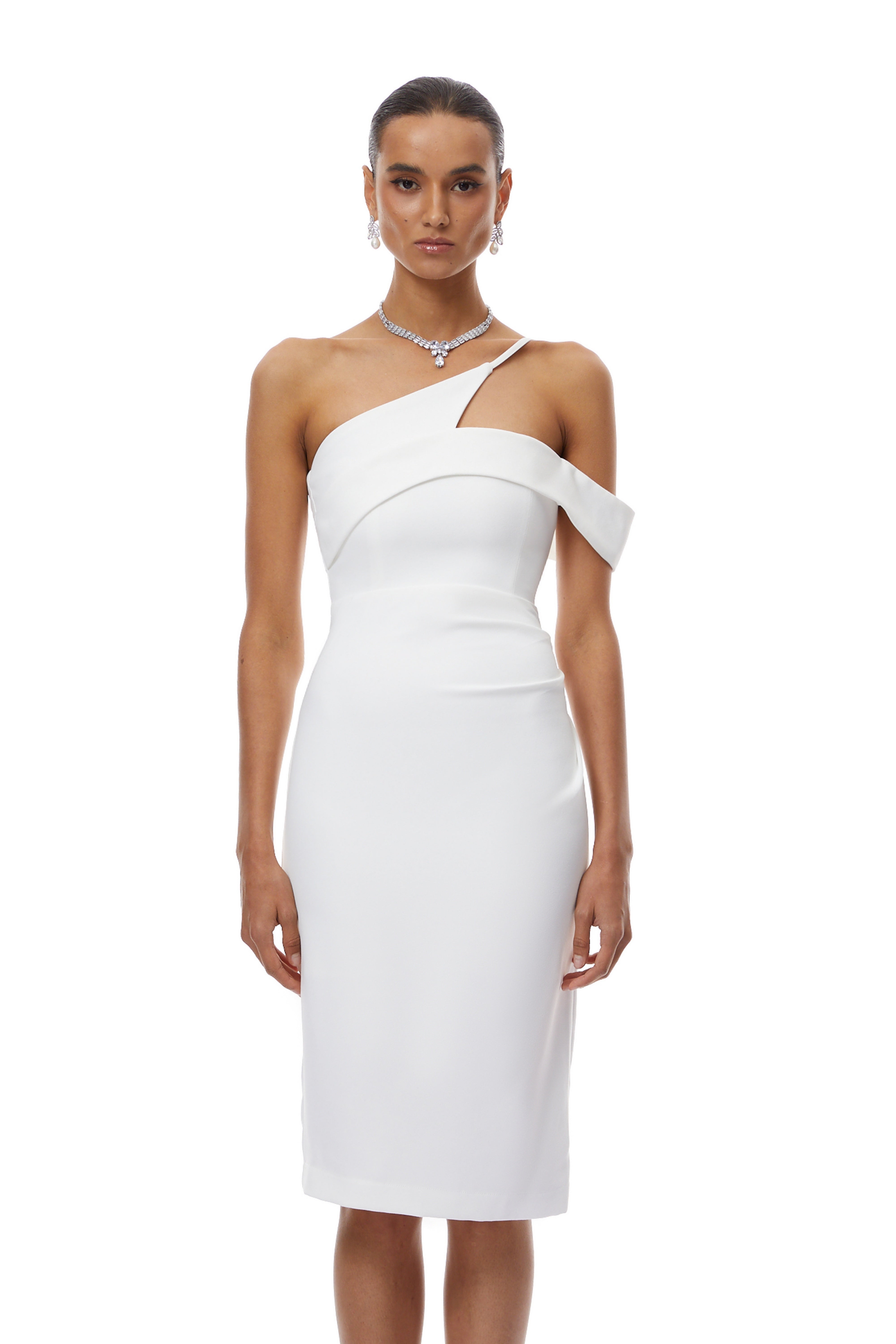Philomela White Asymmetrical Bodycon Midi Dress
