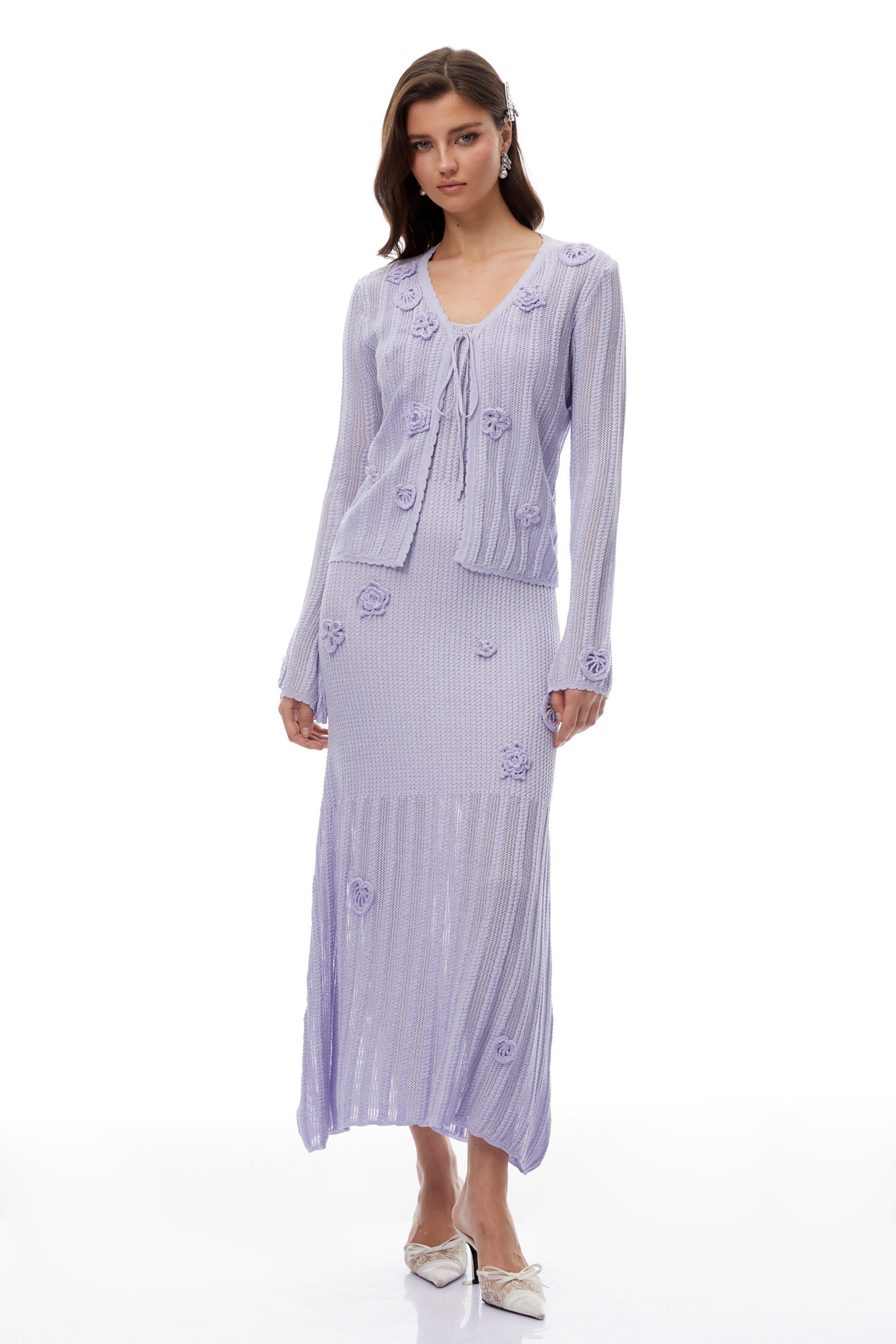 Graca Lavender Floral Ribbed Knit Cardigan & Dress Set