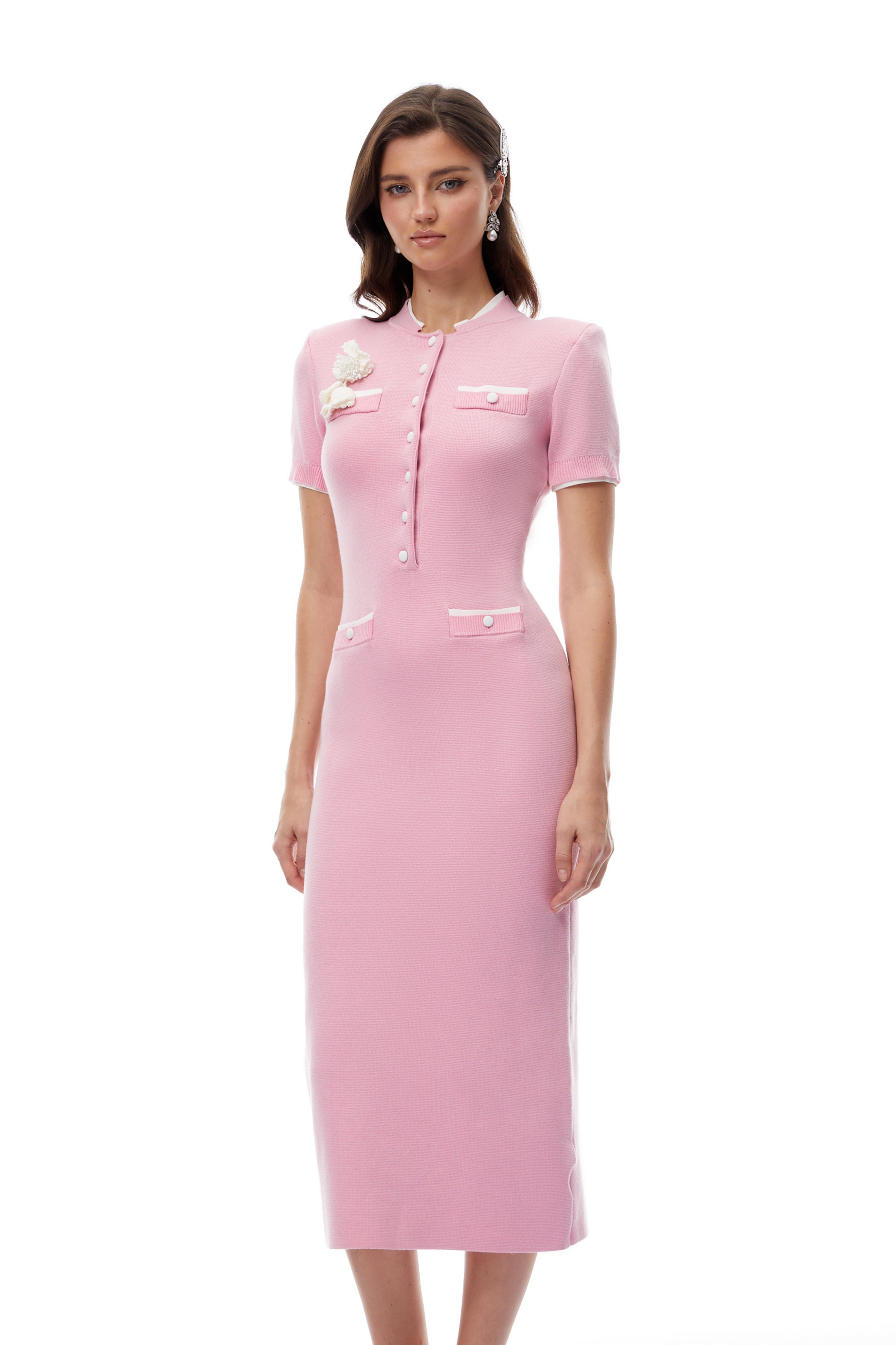 Lisette Pink 3D Petal Knit Midi Dress