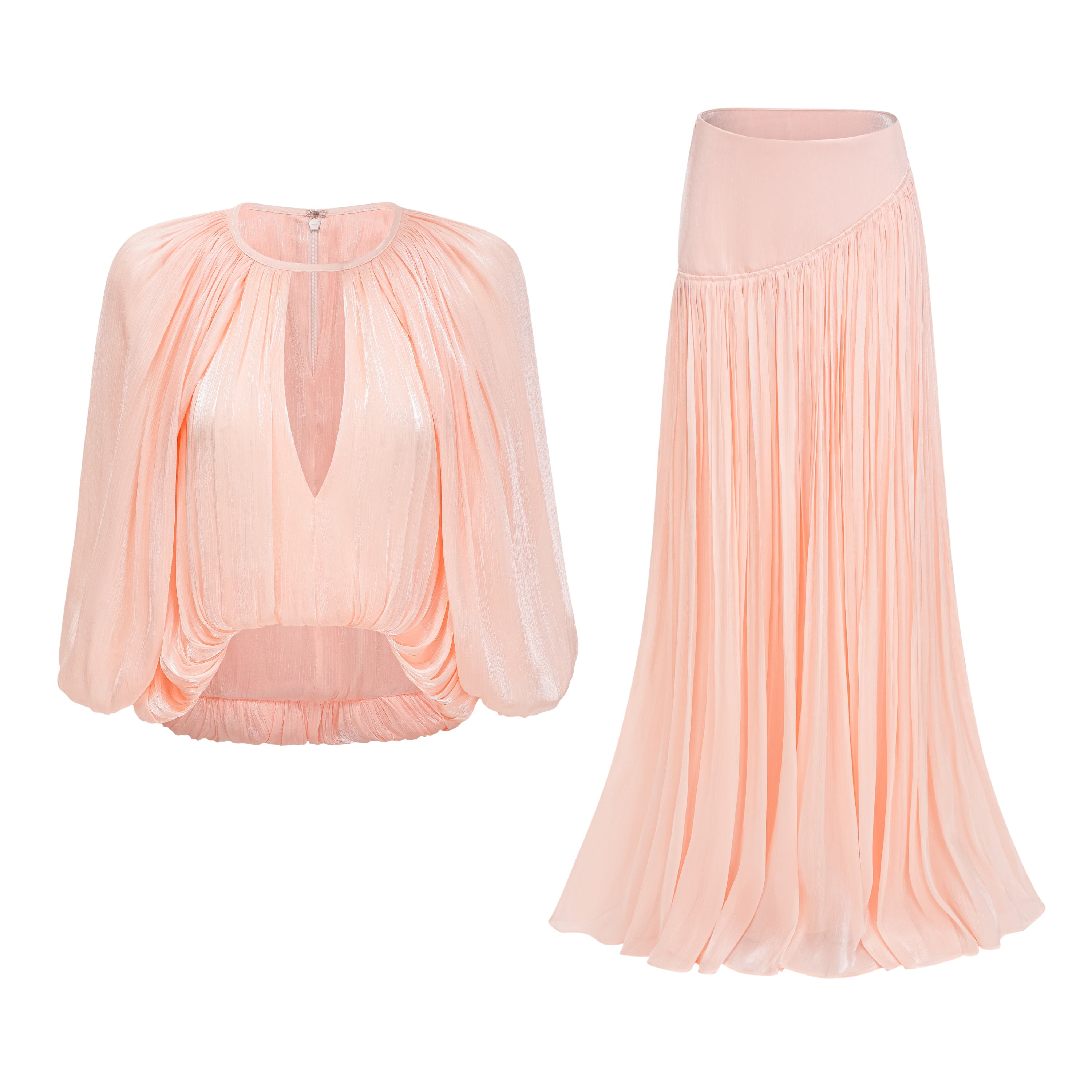 مجموعة بلوزة وتنورة ميلودي باللون الوردي اللامع