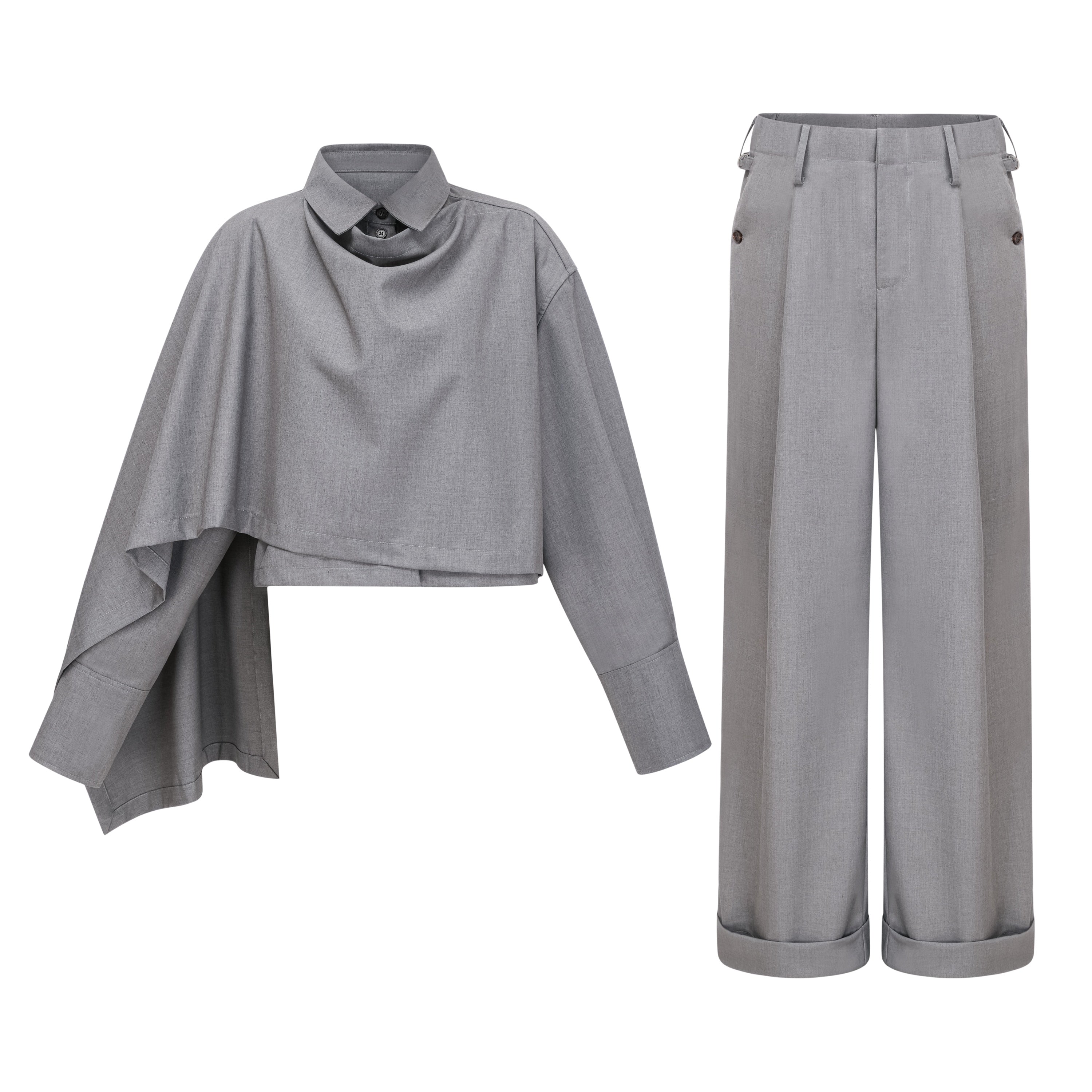 Cynthia Grey Asymmetrisches Set aus drapiertem Hemd und Hose