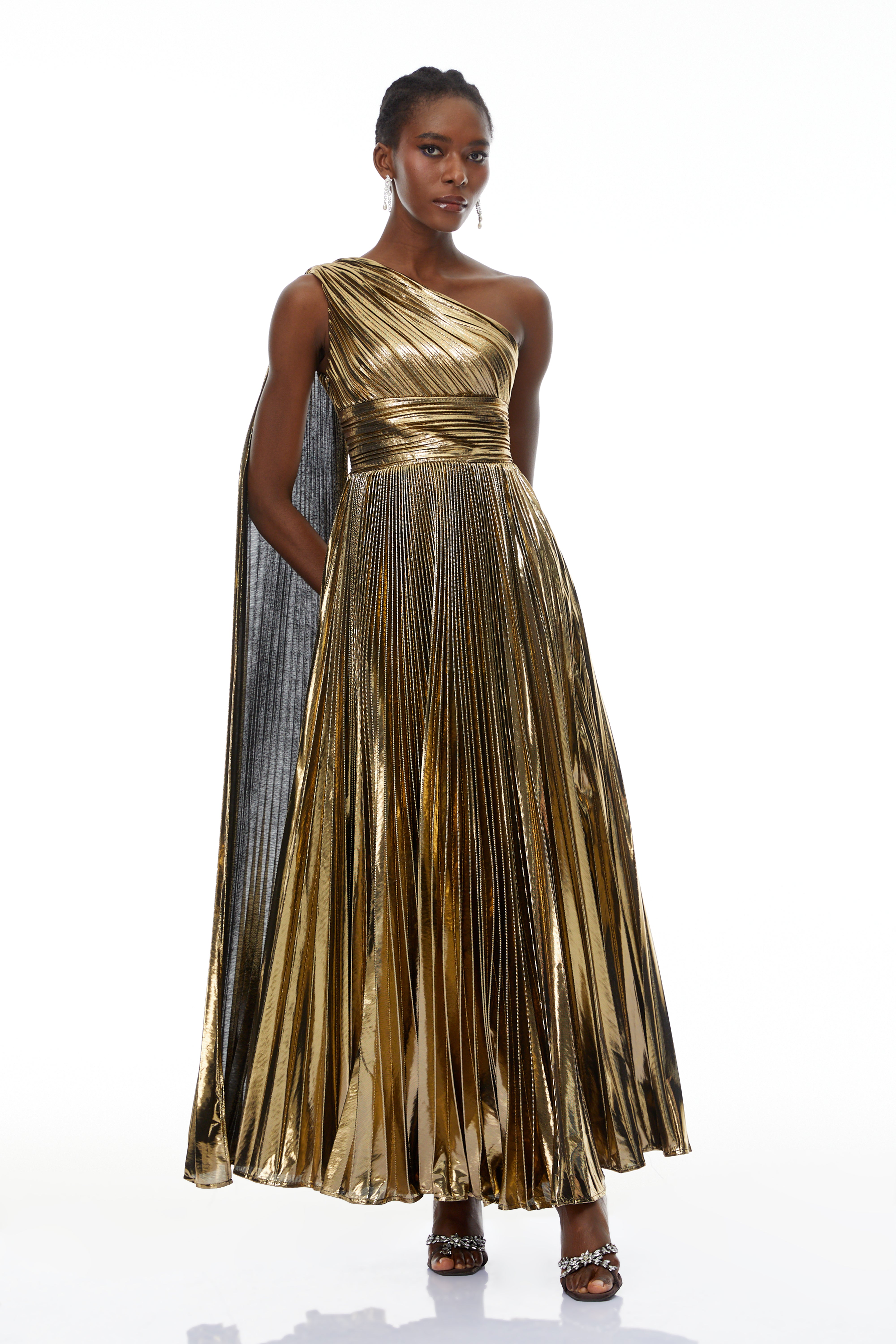 Adrián Gold One Shloulder Ruched Maxi Dress