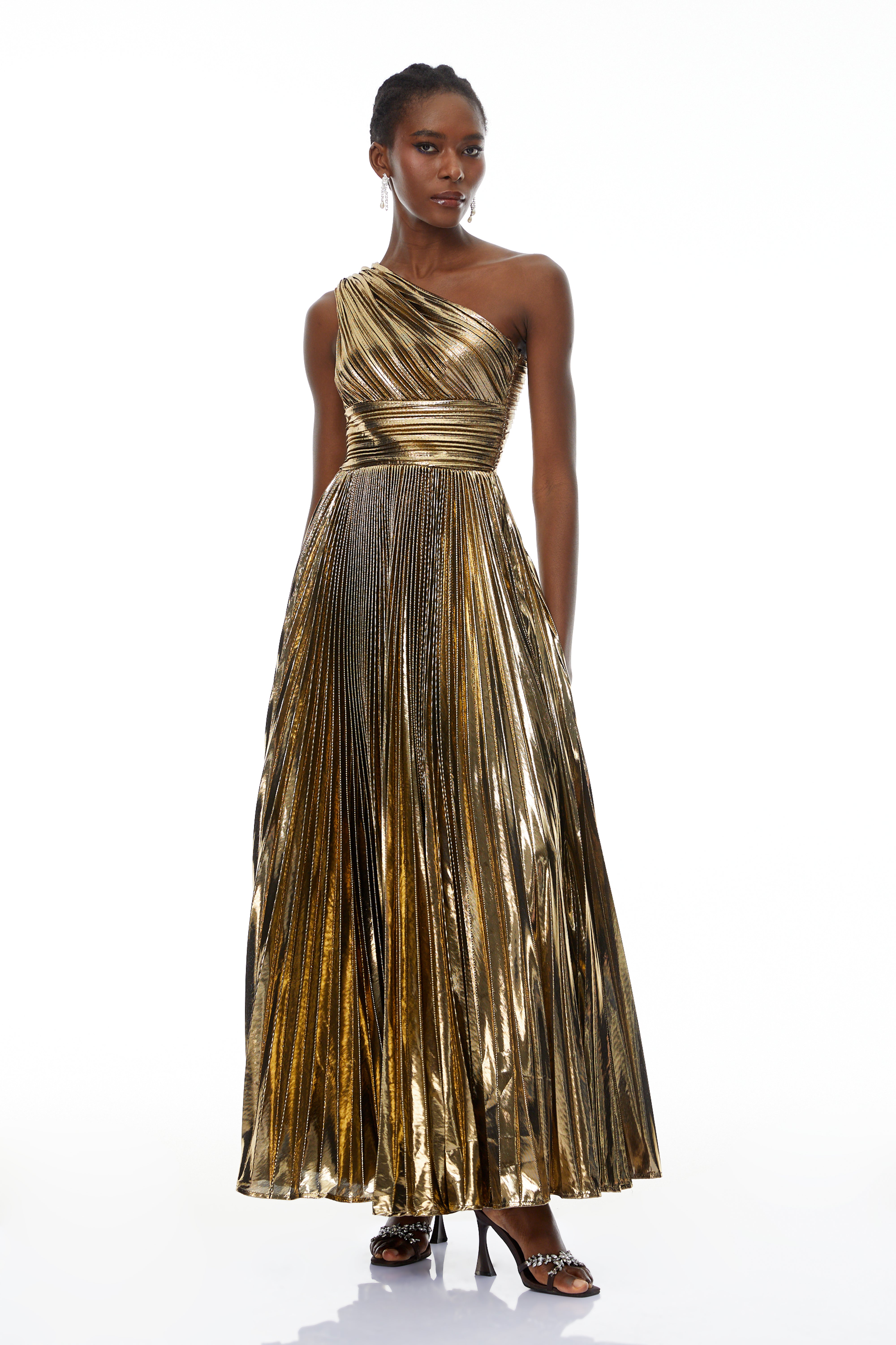 Adrián Gold One Shloulder Ruched Maxi Dress