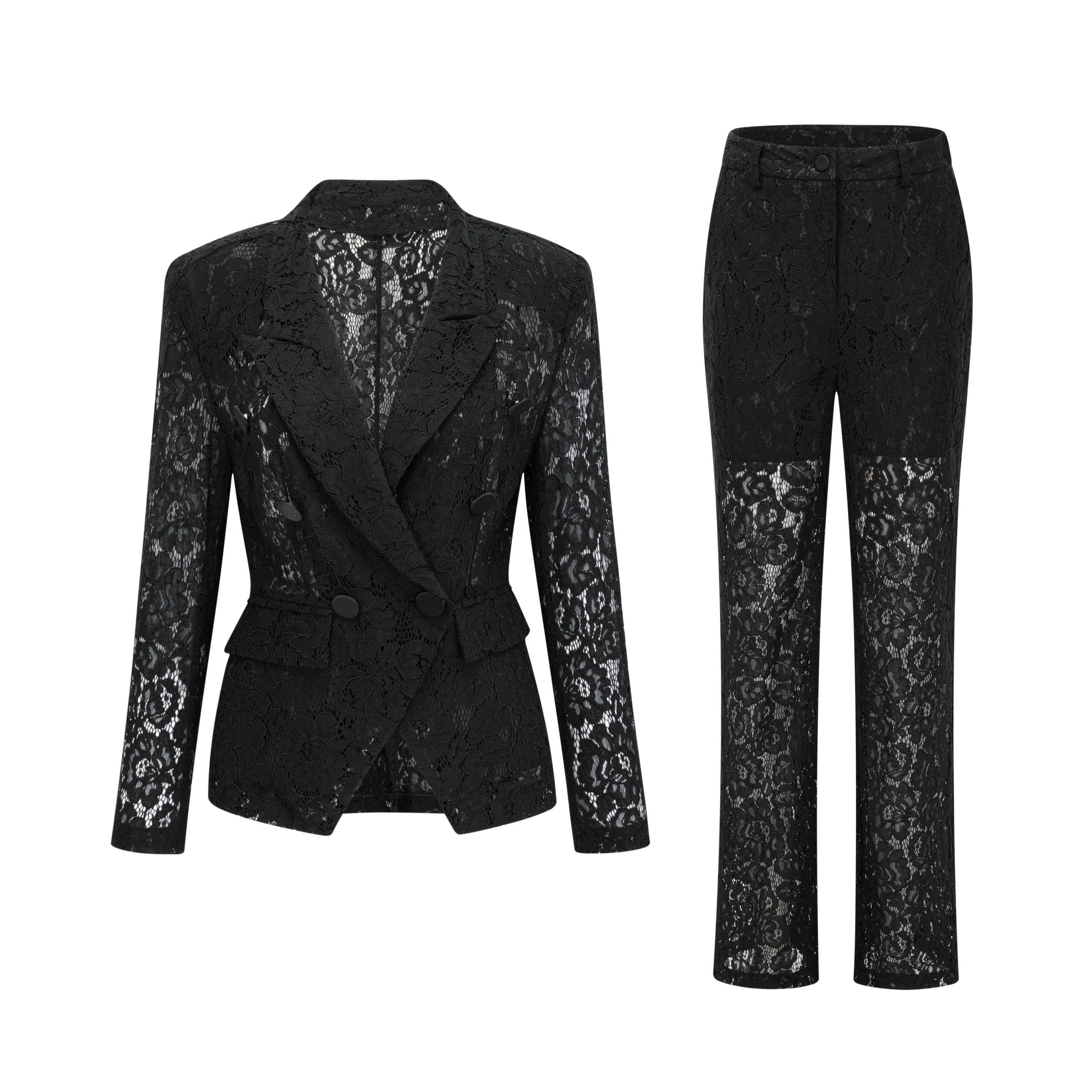 Zoé Black Sheer Lace Blazer & Trousers Matching Set