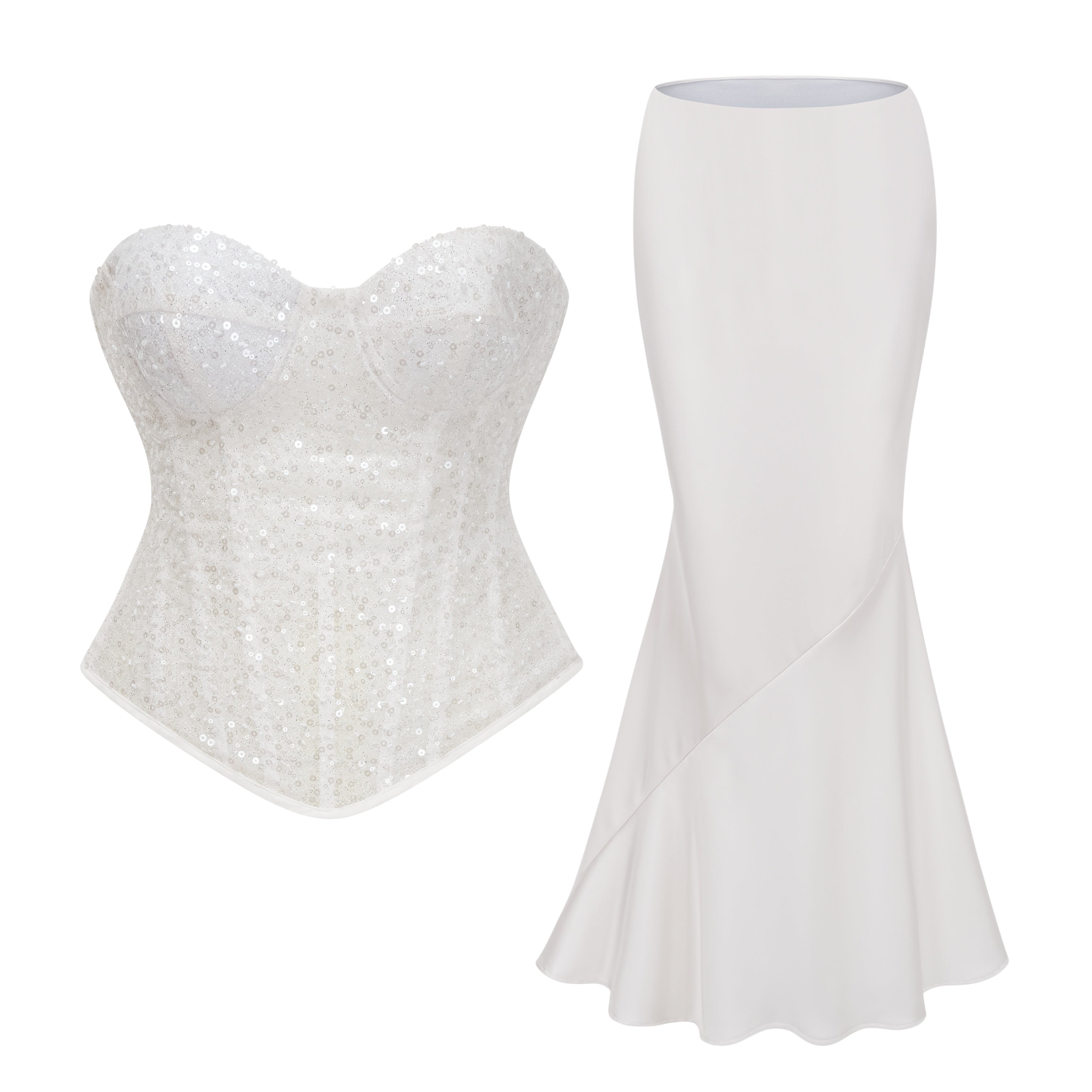 Zora White Sequin Corset Top & Satin Skirt Set