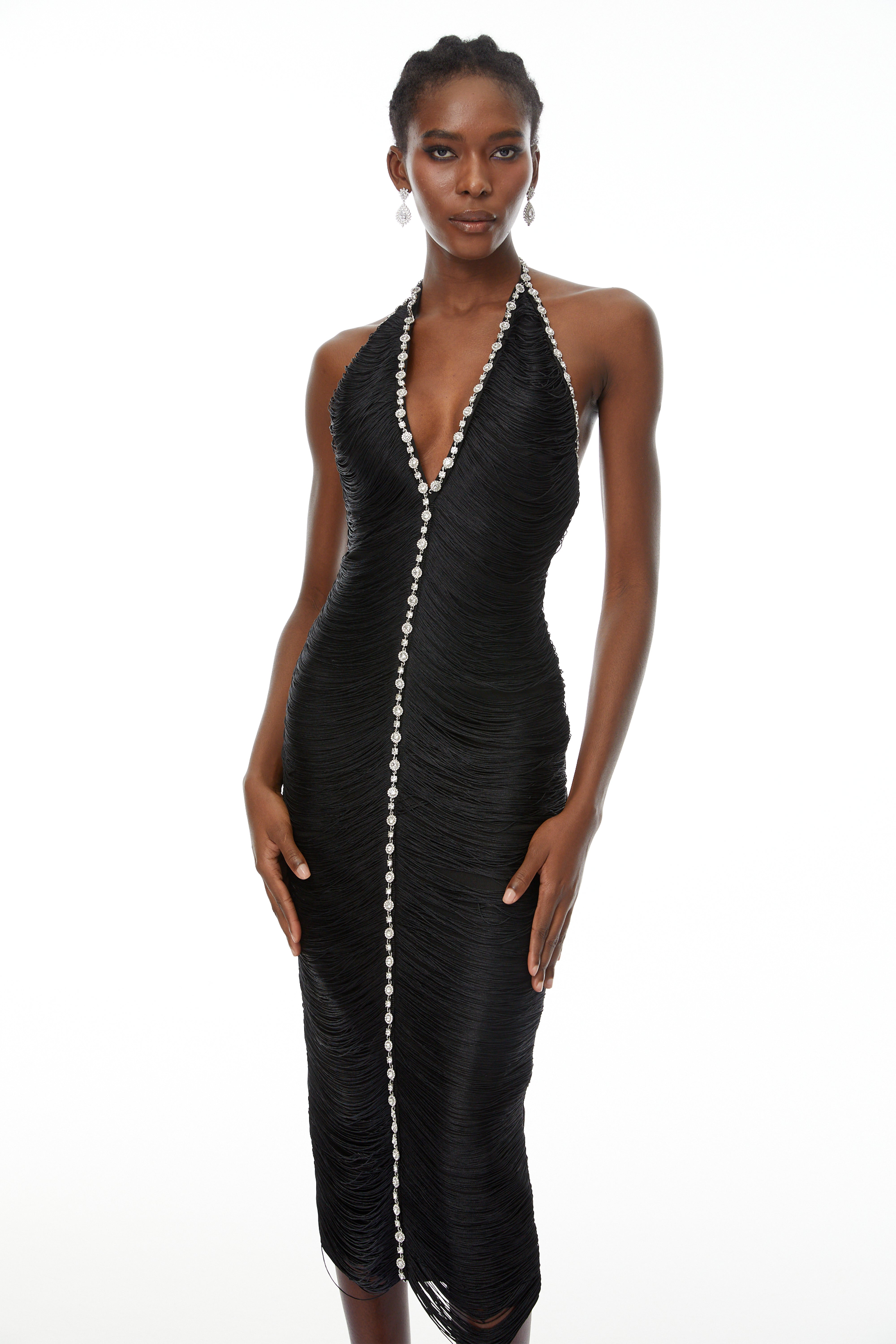 Grazia Black Halterneck Embellished Fringed Midi Dress