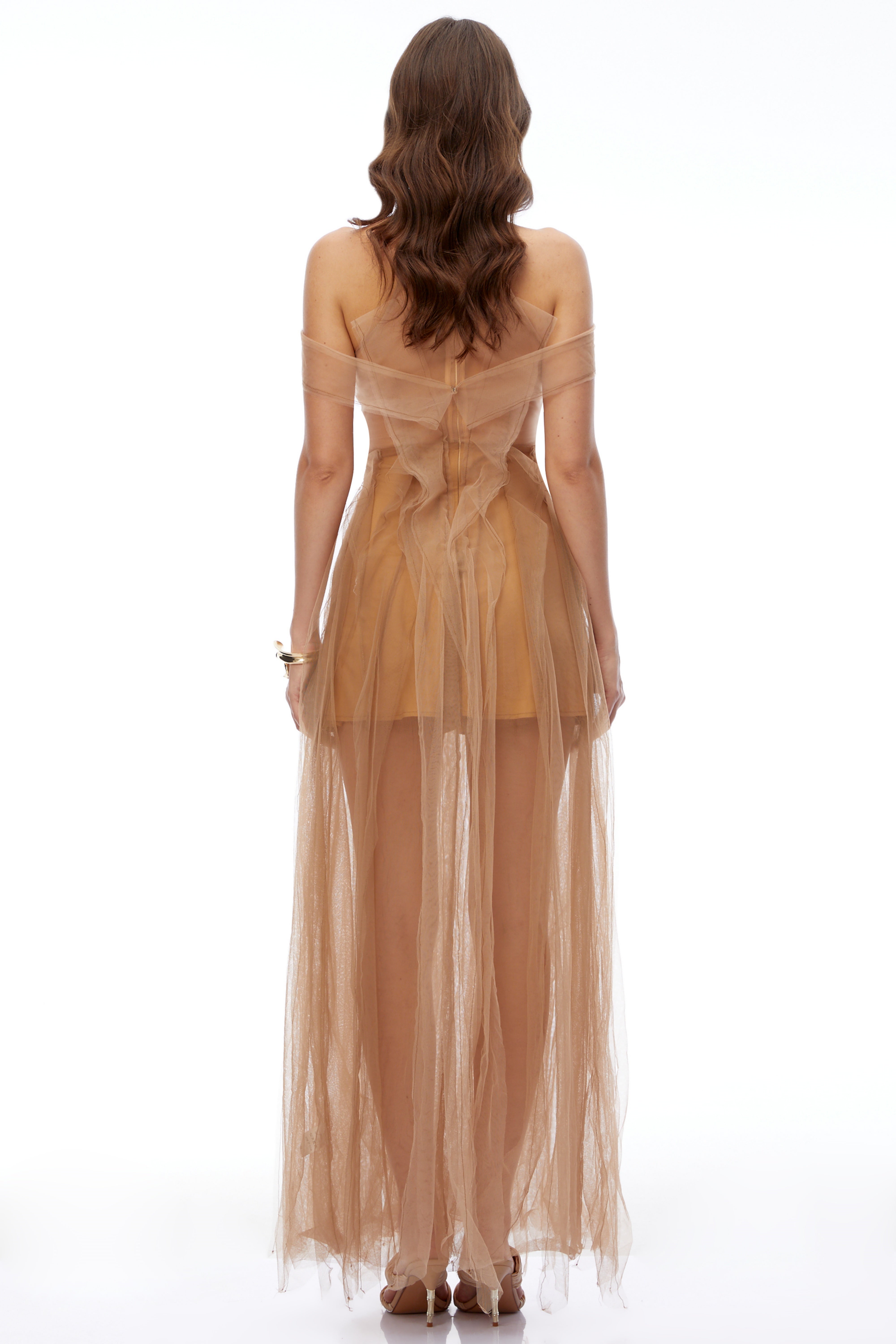Mabel Champagne Semi-Sheer Ruffled Maxi Dress