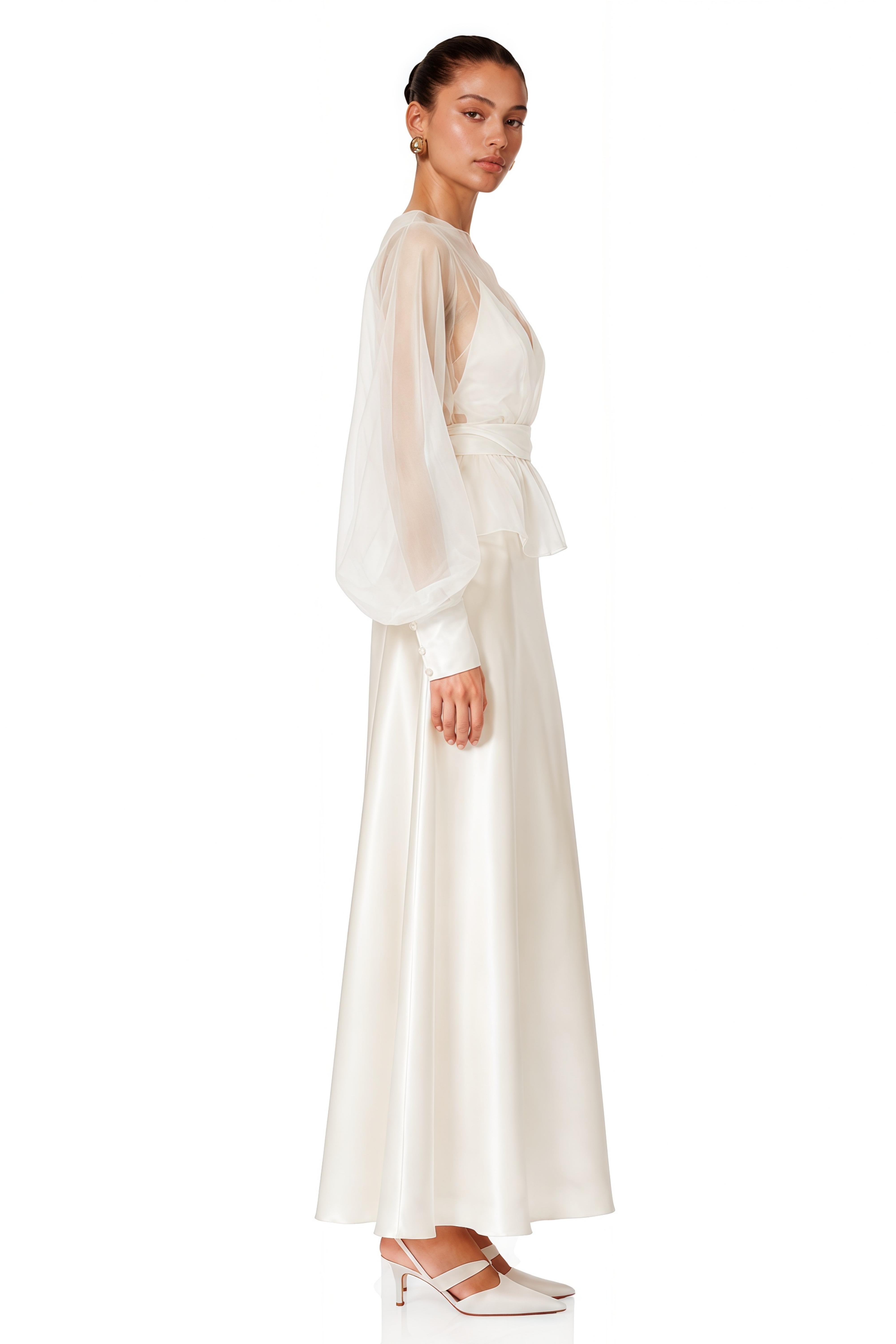 Madeleine Cream White Sheer Blouse & Satin Maxi Dress Set
