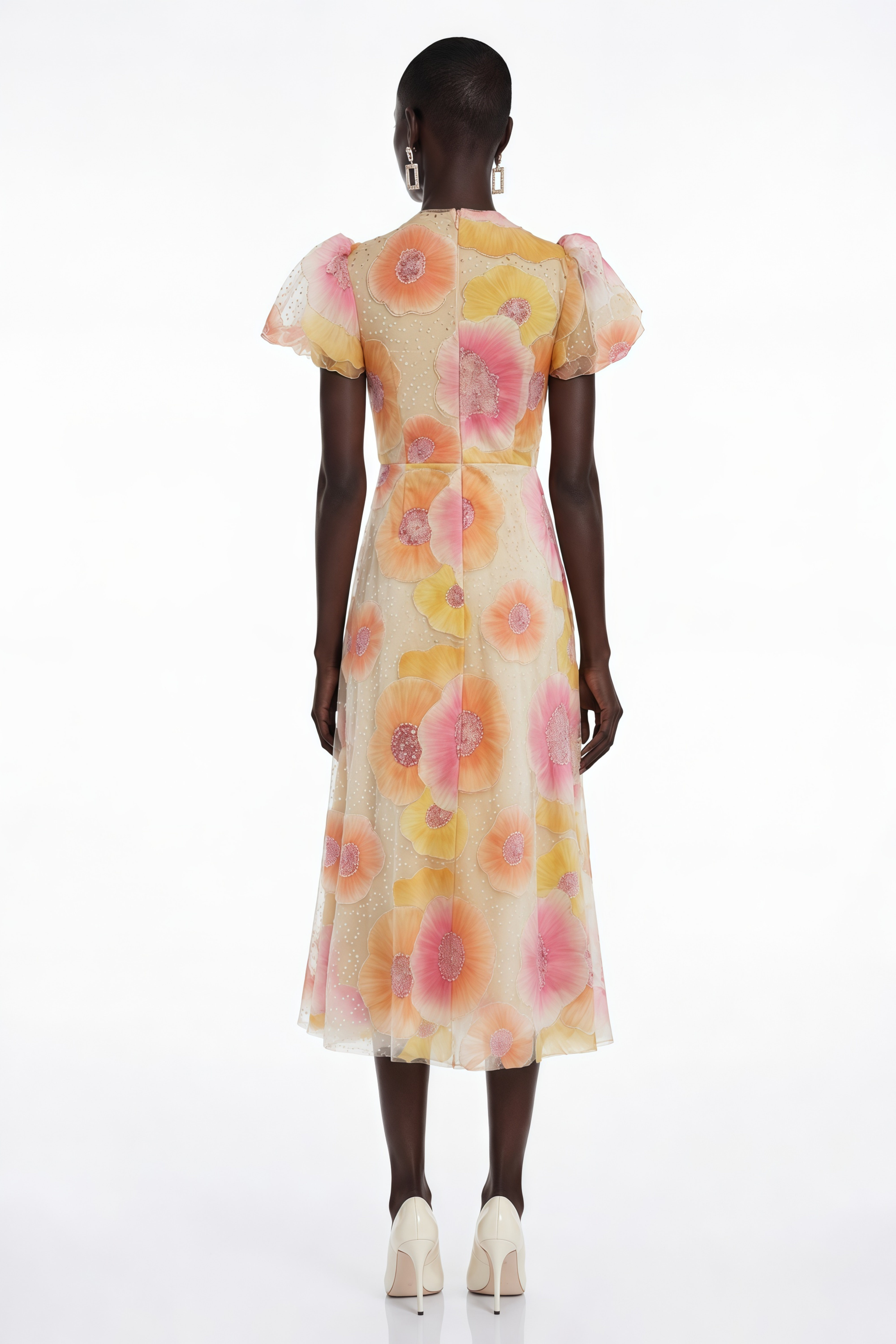 Robe mi-longue à imprimé floral orange « Evangeline » avec paillettes et strass