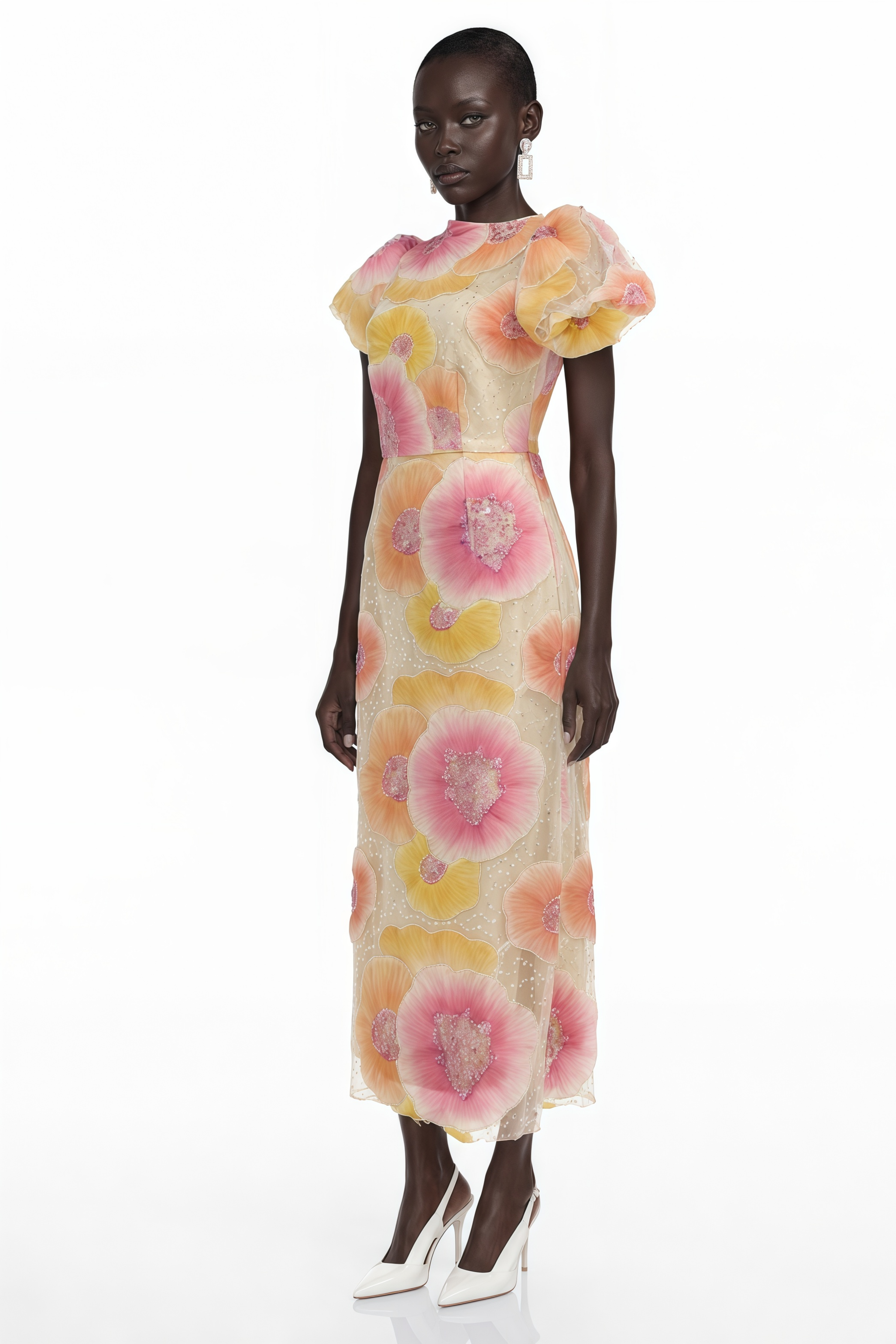 Robe mi-longue à imprimé floral orange « Evangeline » avec paillettes et strass